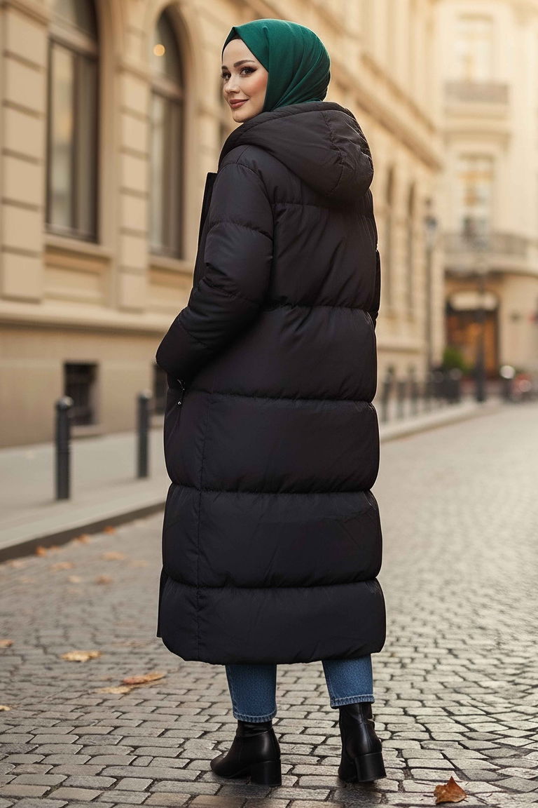 Büyük Beden Şişme Mont - 28017-SIYAH - TOFİSA