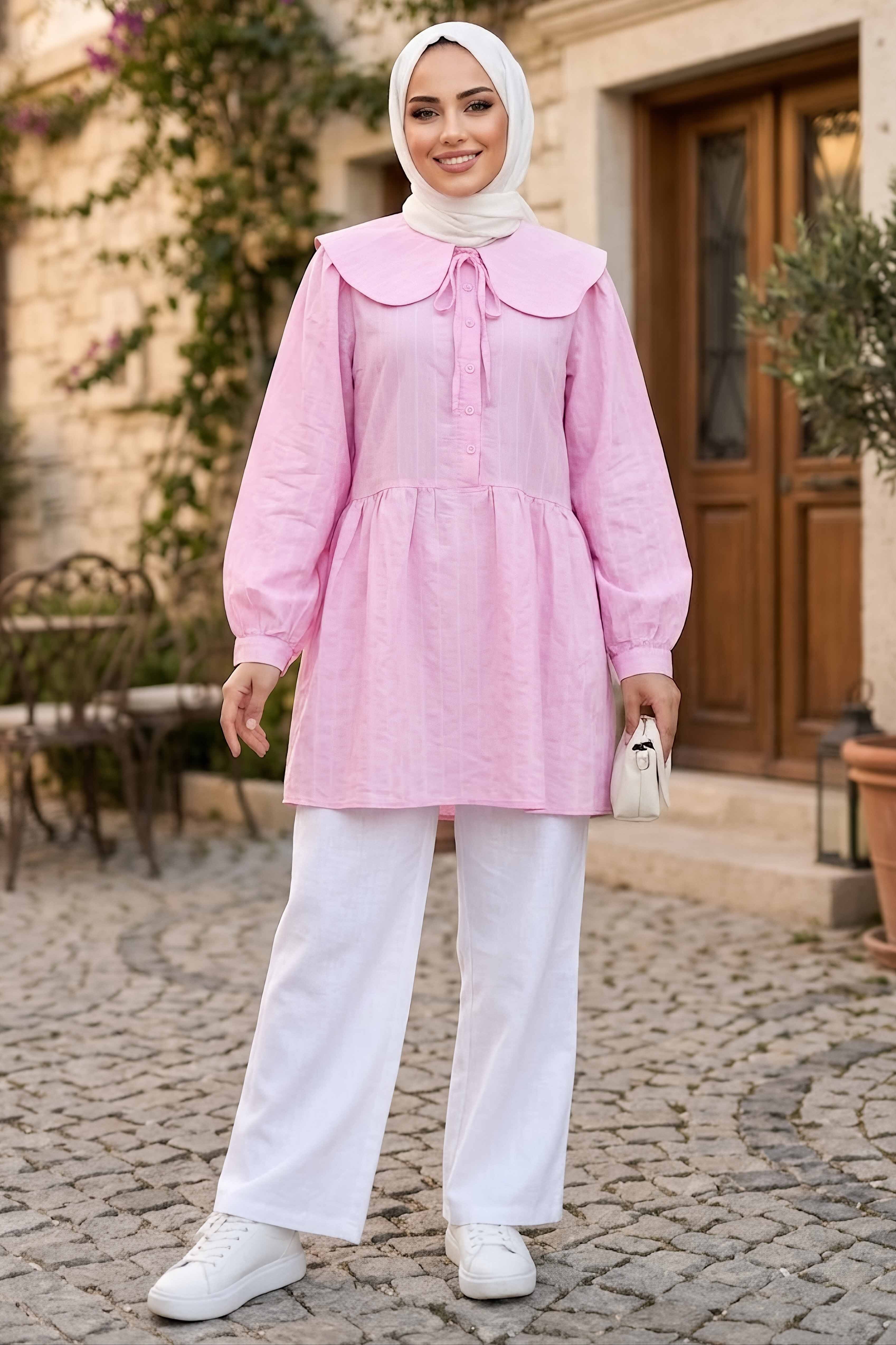 Bebe Yaka Çizgili Tunik Pembe - 28870-PEMBE - 1