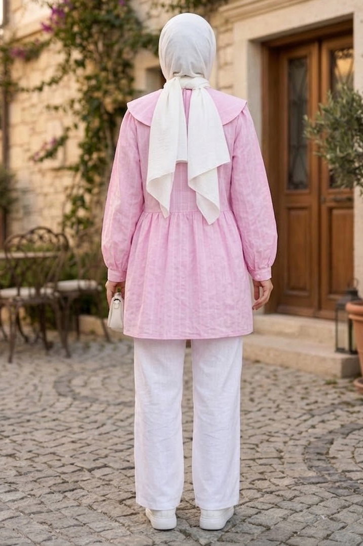 Bebe Yaka Çizgili Tunik Pembe - 28870-PEMBE - 3