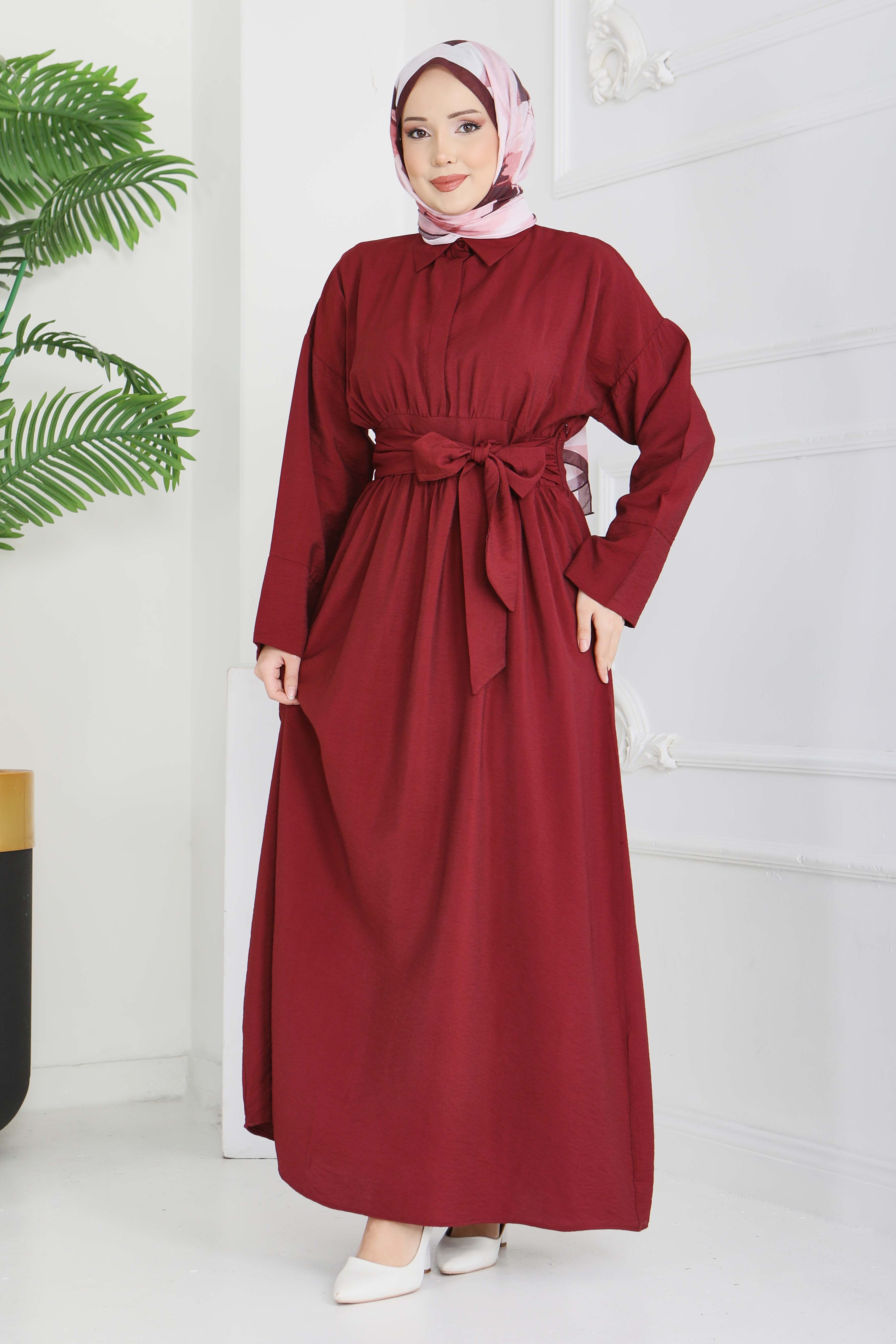 Bel Kuşaklı Gizli Düğmeli Elbise - 28224-BORDO - 2