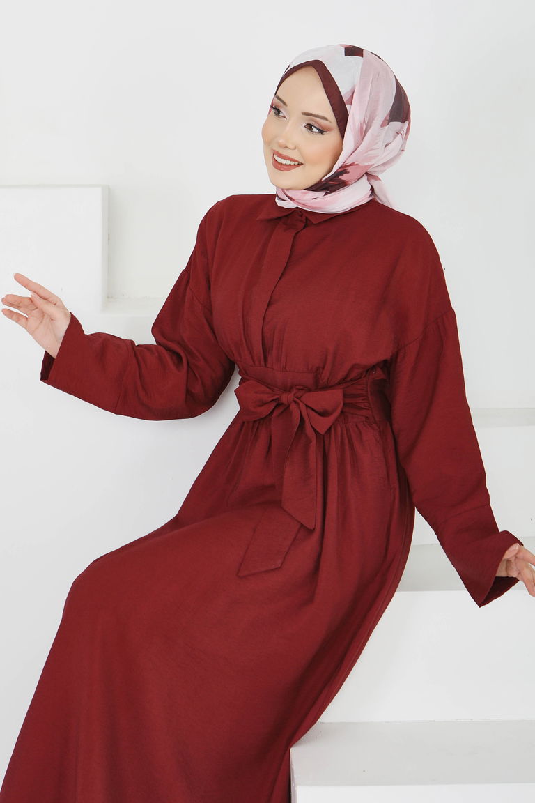 Bel Kuşaklı Gizli Düğmeli Elbise - 28224-BORDO - TOFİSA