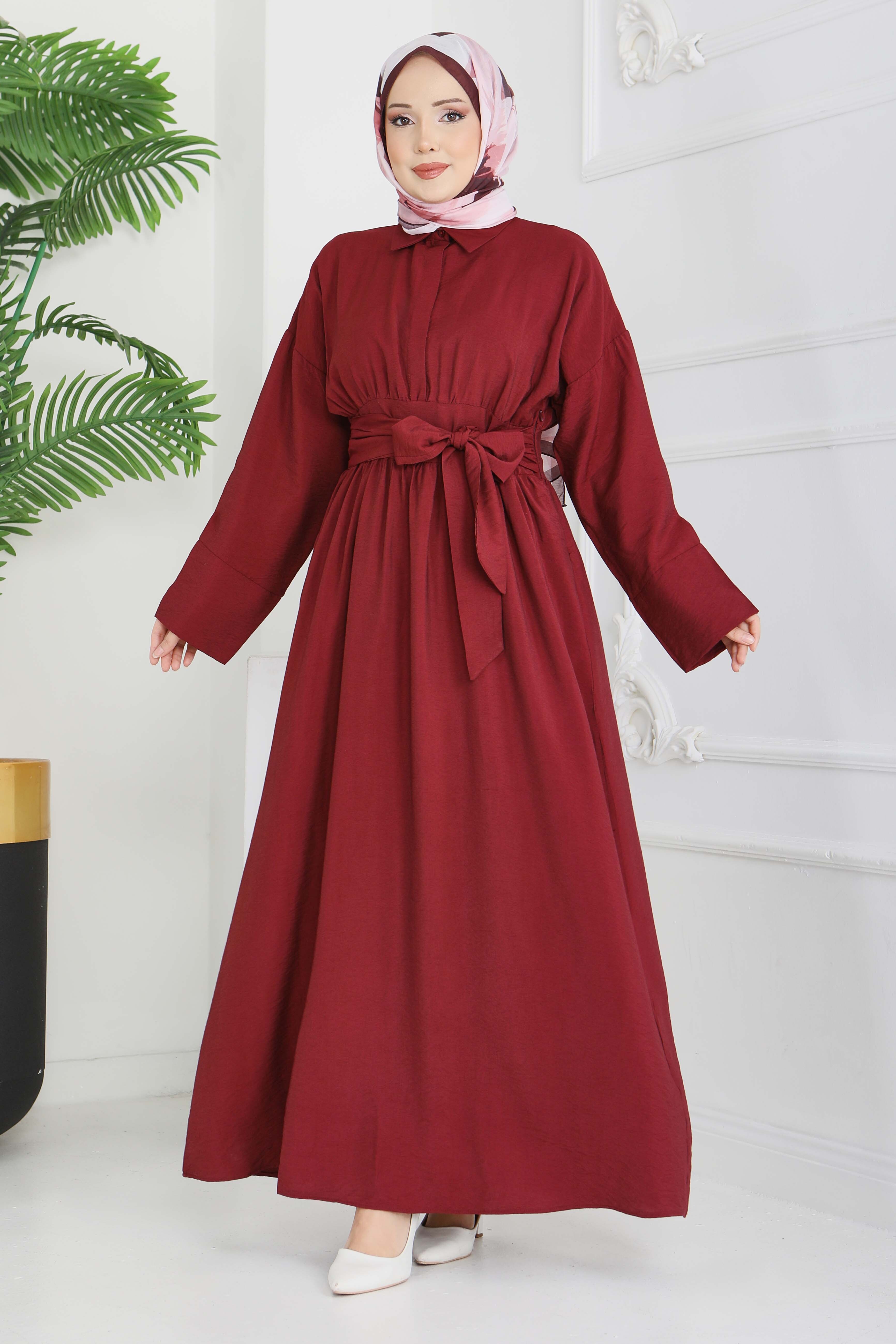 Bel Kuşaklı Gizli Düğmeli Elbise - 28224-BORDO - 4