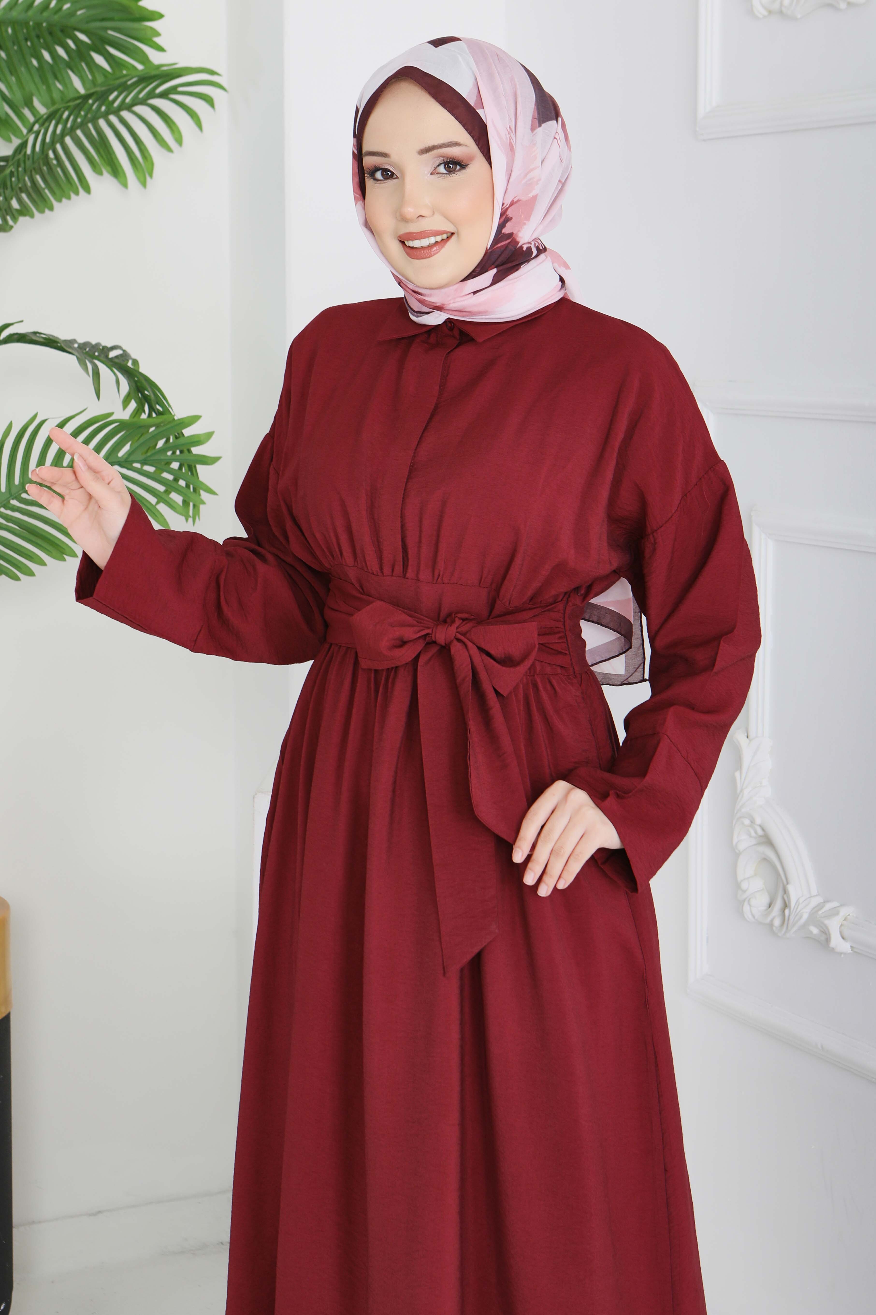 Bel Kuşaklı Gizli Düğmeli Elbise - 28224-BORDO - 5