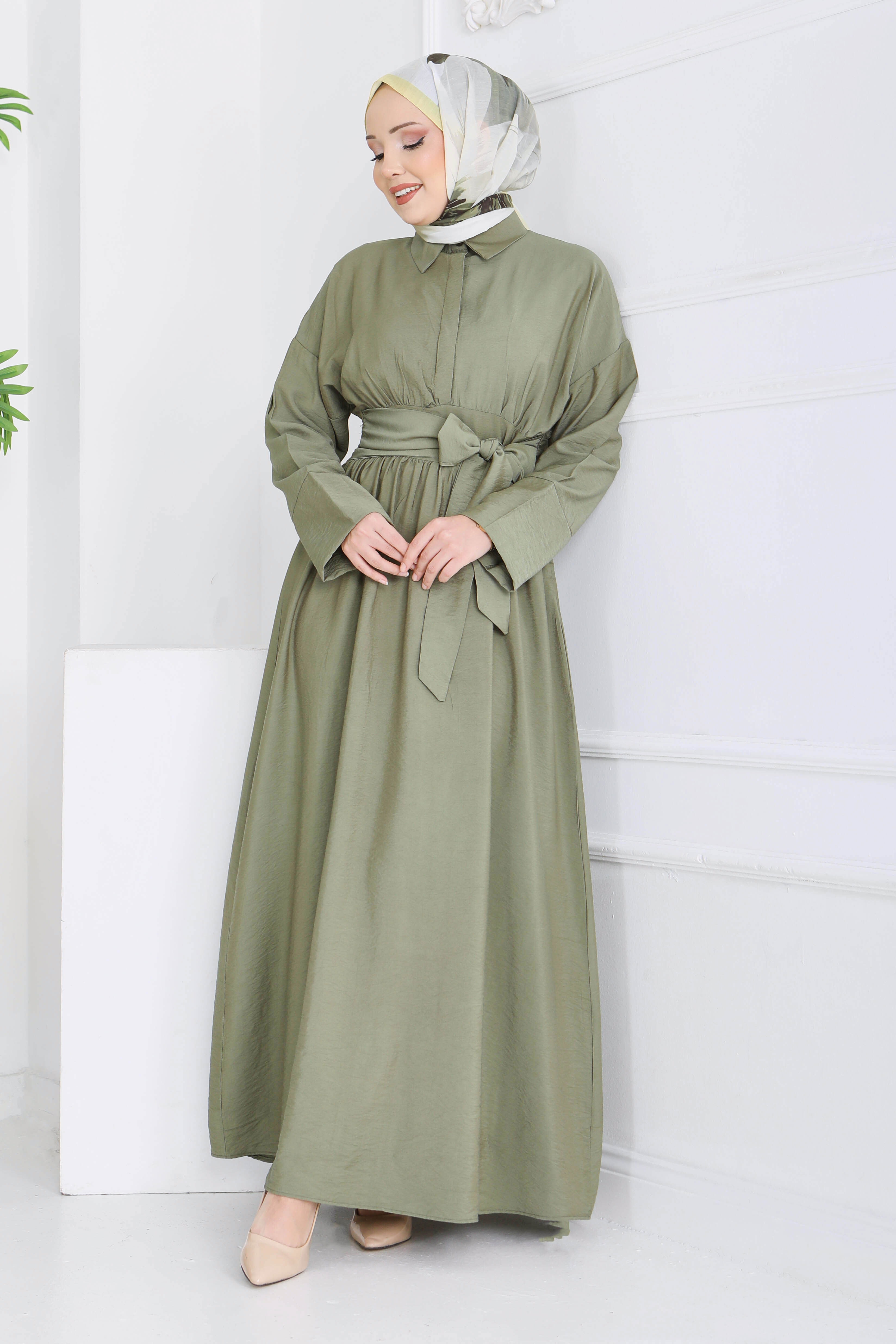 Bel Kuşaklı Gizli Düğmeli Elbise - 28224-HAKI - 3