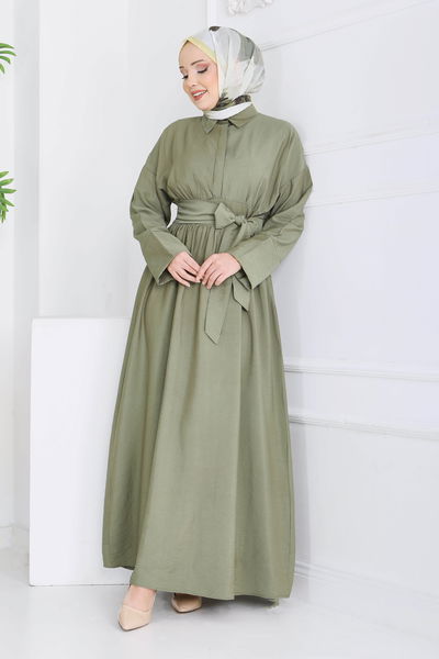 Bel Kuşaklı Gizli Düğmeli Elbise - 28224-HAKI 