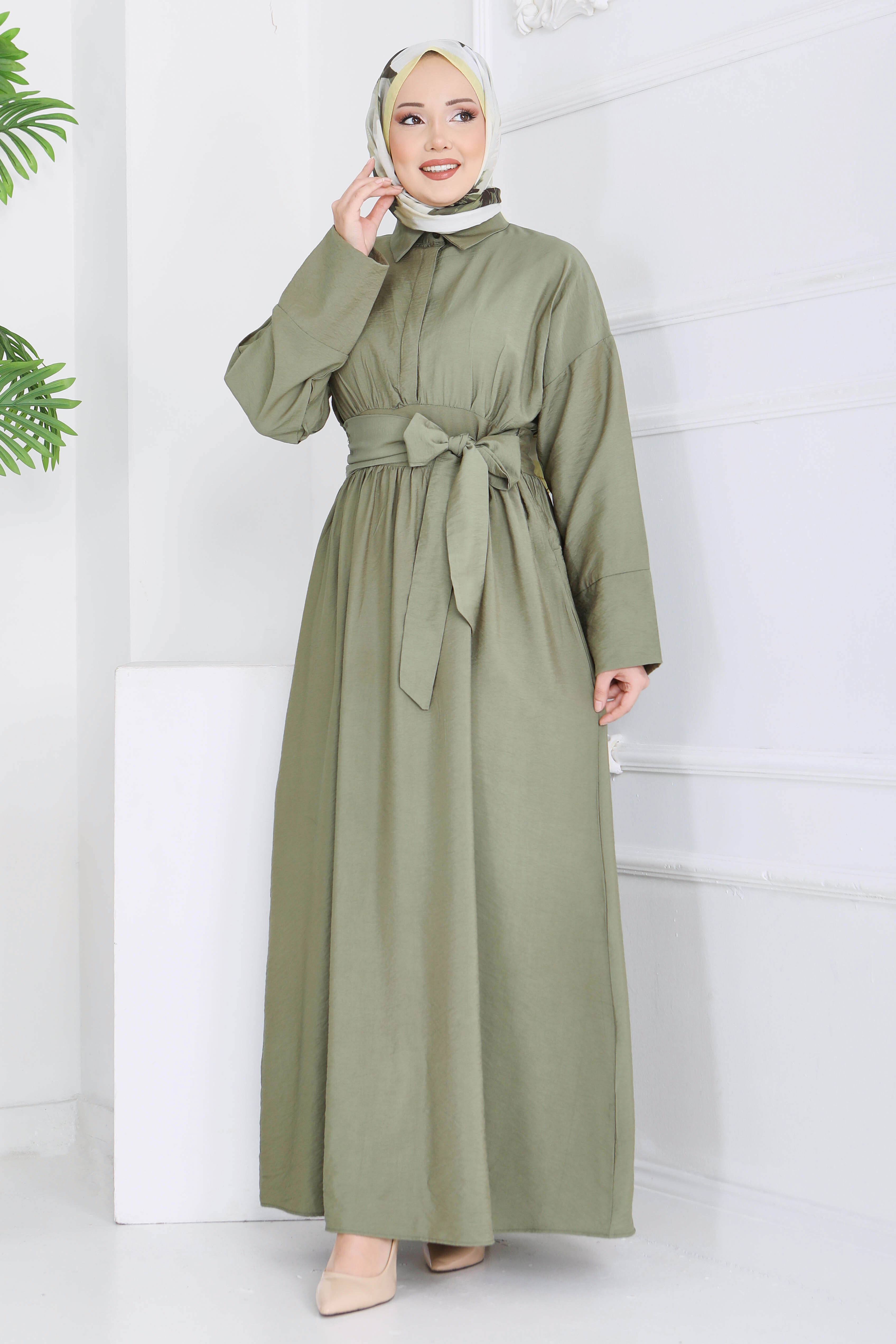 Bel Kuşaklı Gizli Düğmeli Elbise - 28224-HAKI - 4