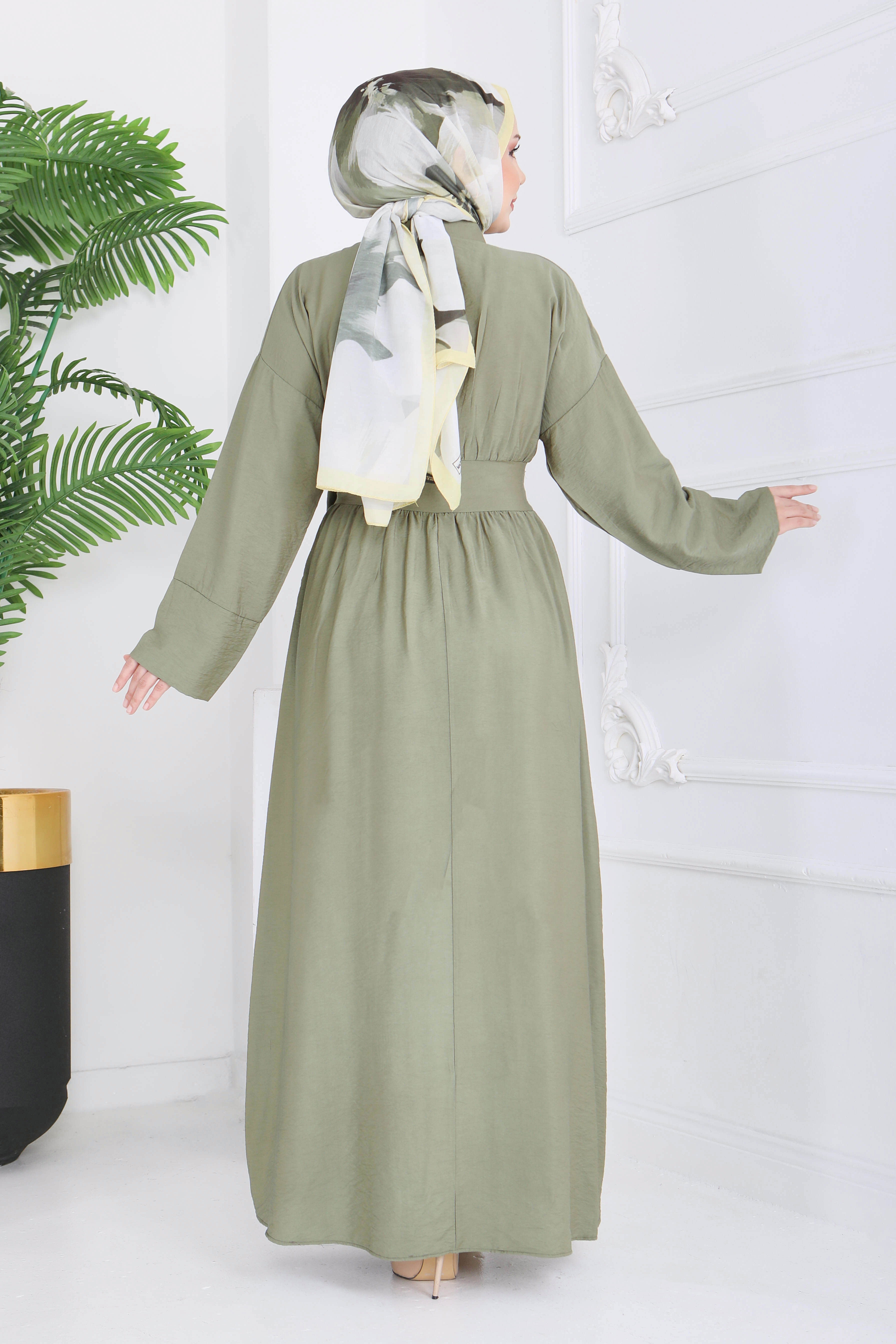 Bel Kuşaklı Gizli Düğmeli Elbise - 28224-HAKI - 5