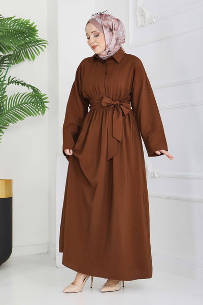 Bel Kuşaklı Gizli Düğmeli Elbise - 28224-KAHVE 
