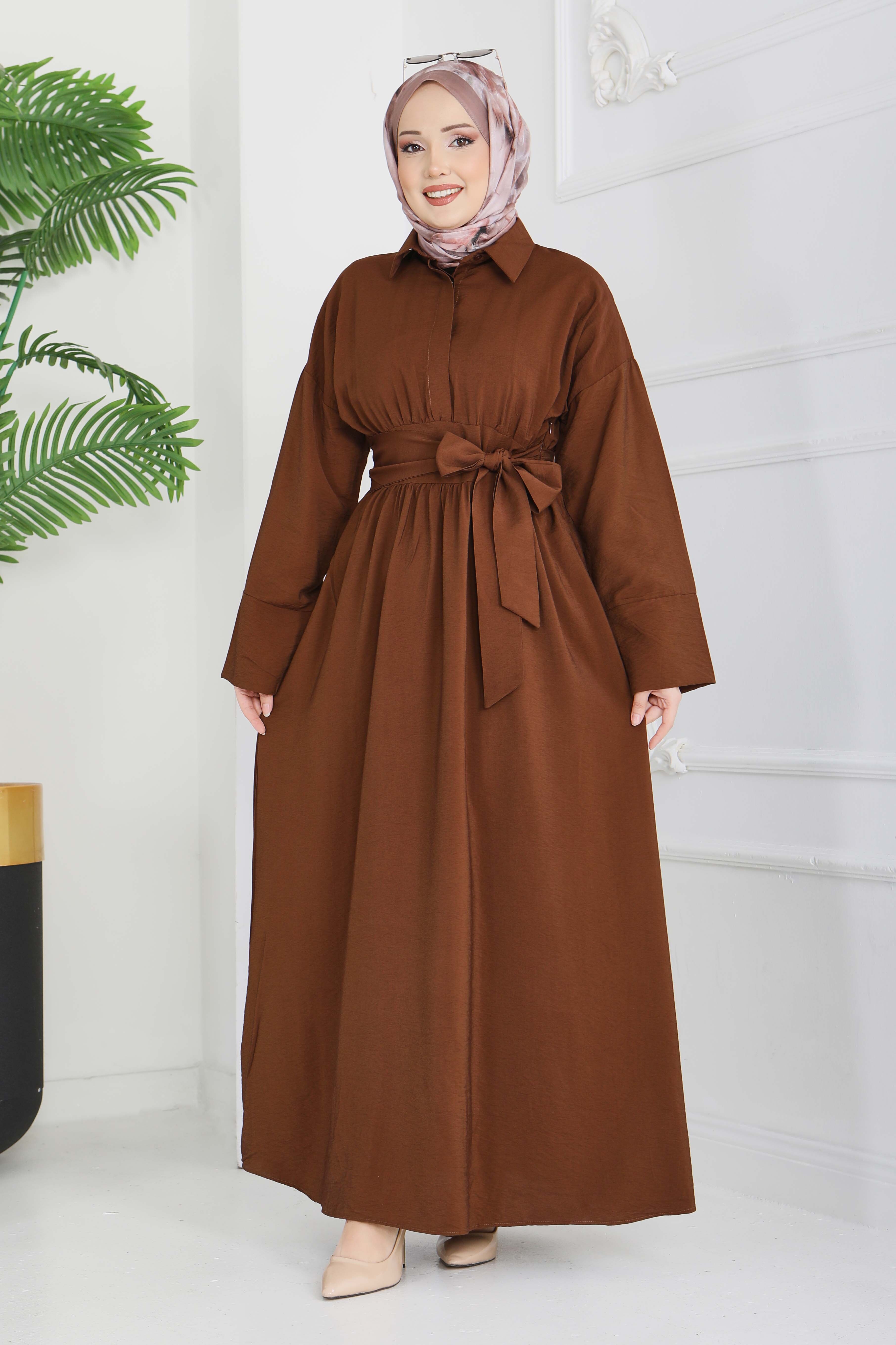 Bel Kuşaklı Gizli Düğmeli Elbise - 28224-KAHVE - 2