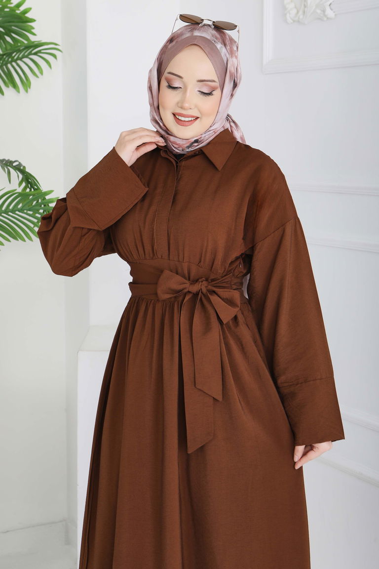 Bel Kuşaklı Gizli Düğmeli Elbise - 28224-KAHVE - TOFİSA