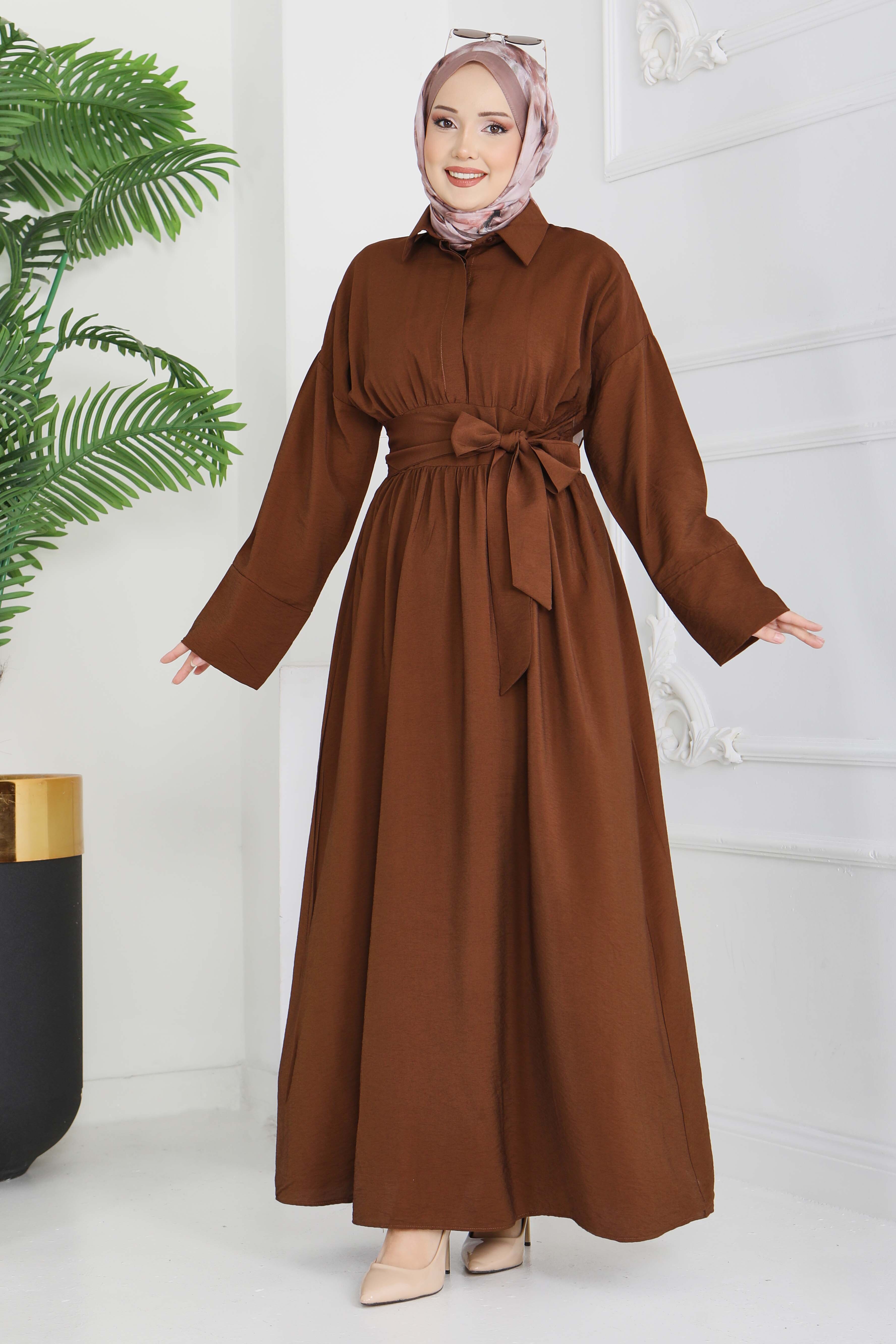 Bel Kuşaklı Gizli Düğmeli Elbise - 28224-KAHVE - 4