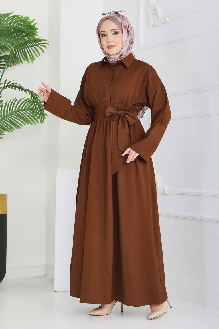 Bel Kuşaklı Gizli Düğmeli Elbise - 28224-KAHVE - TOFİSA