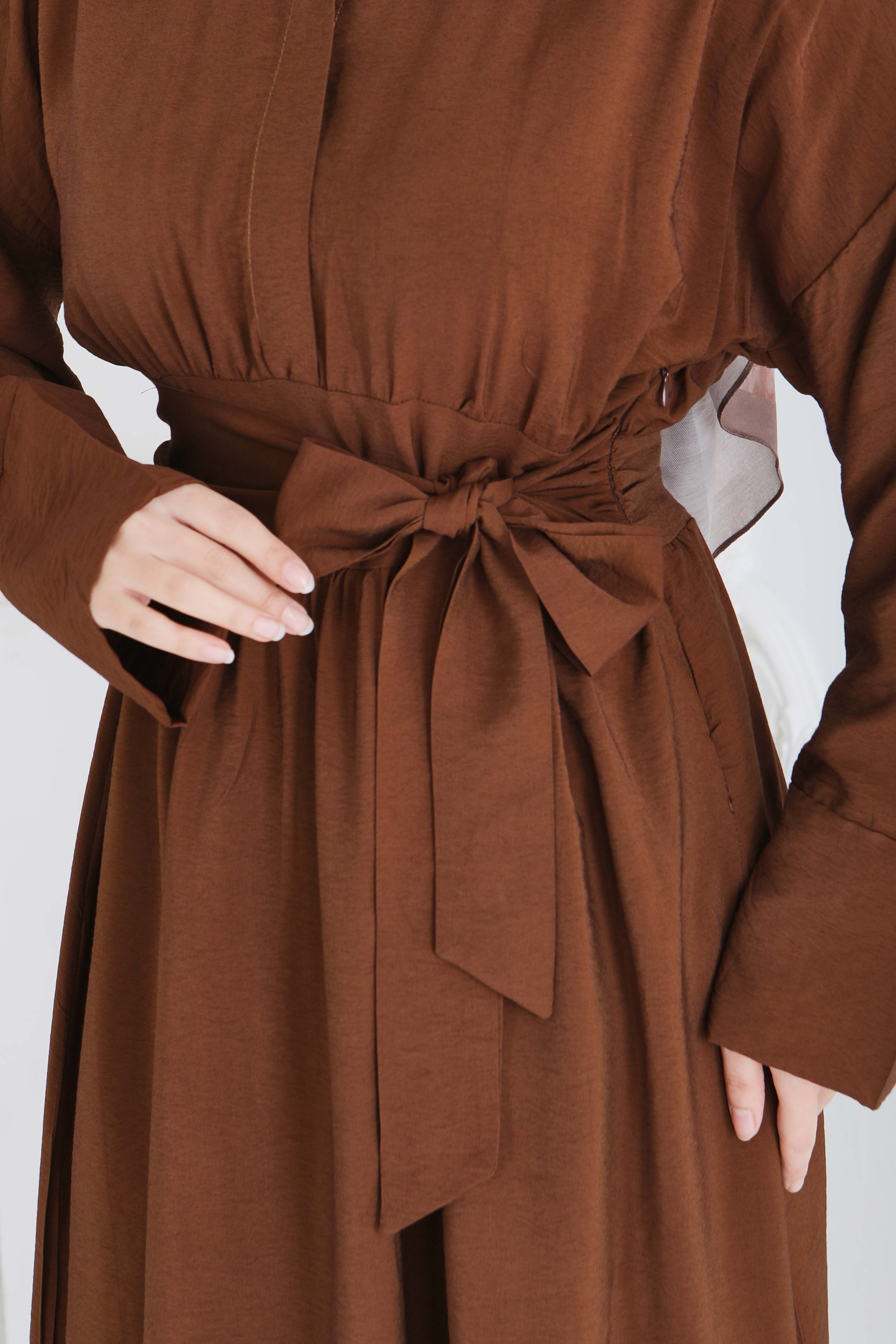 Bel Kuşaklı Gizli Düğmeli Elbise - 28224-KAHVE - 6