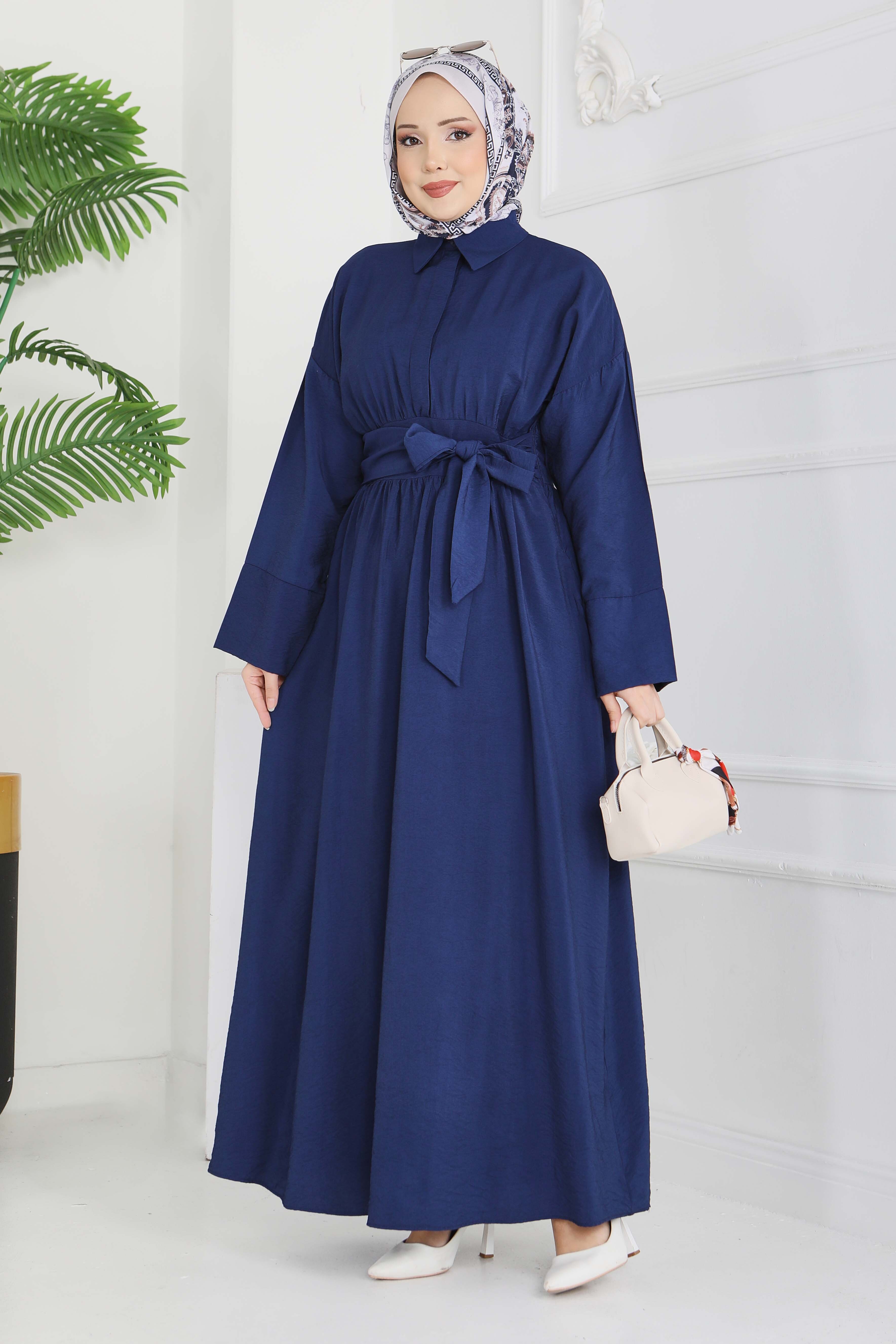 Bel Kuşaklı Gizli Düğmeli Elbise - 28224-LACIVERT - 3