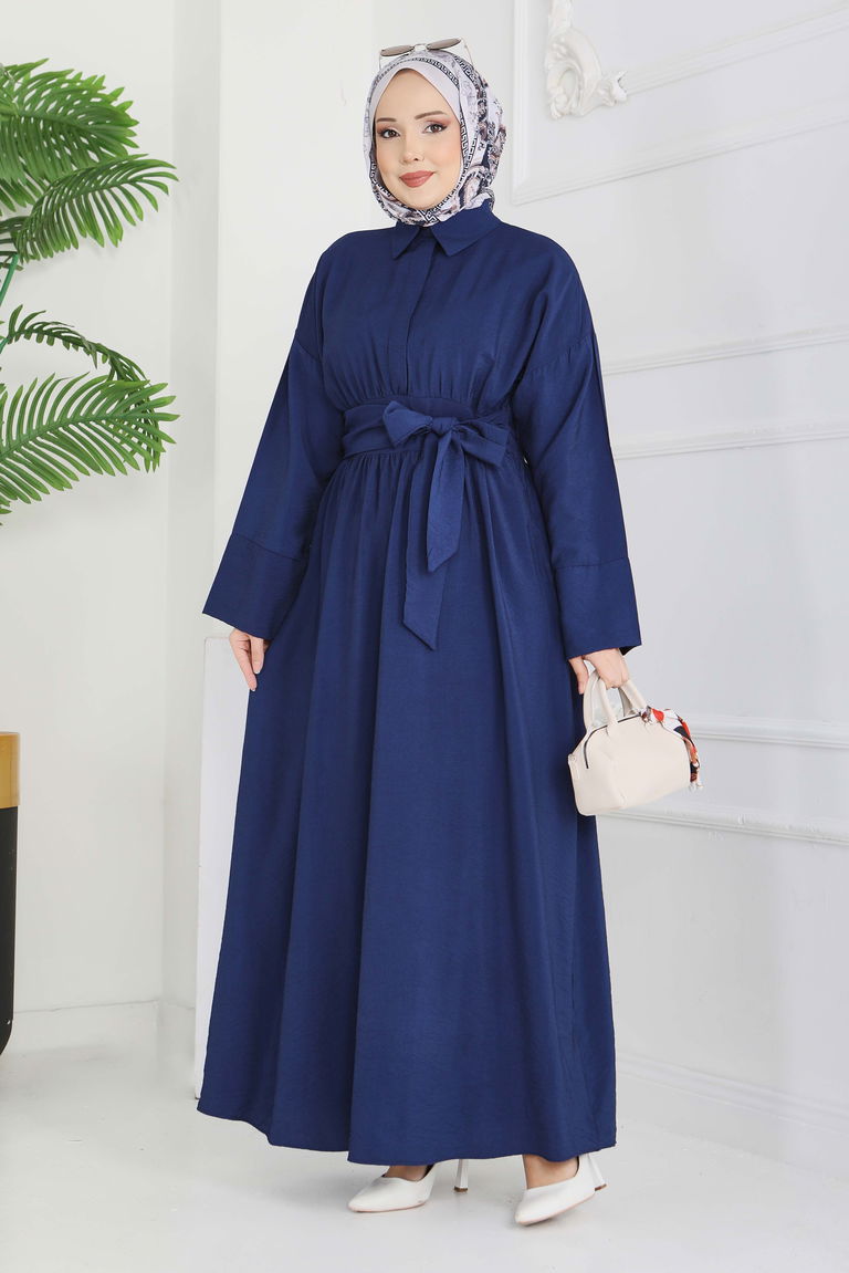 Bel Kuşaklı Gizli Düğmeli Elbise - 28224-LACIVERT - TOFİSA