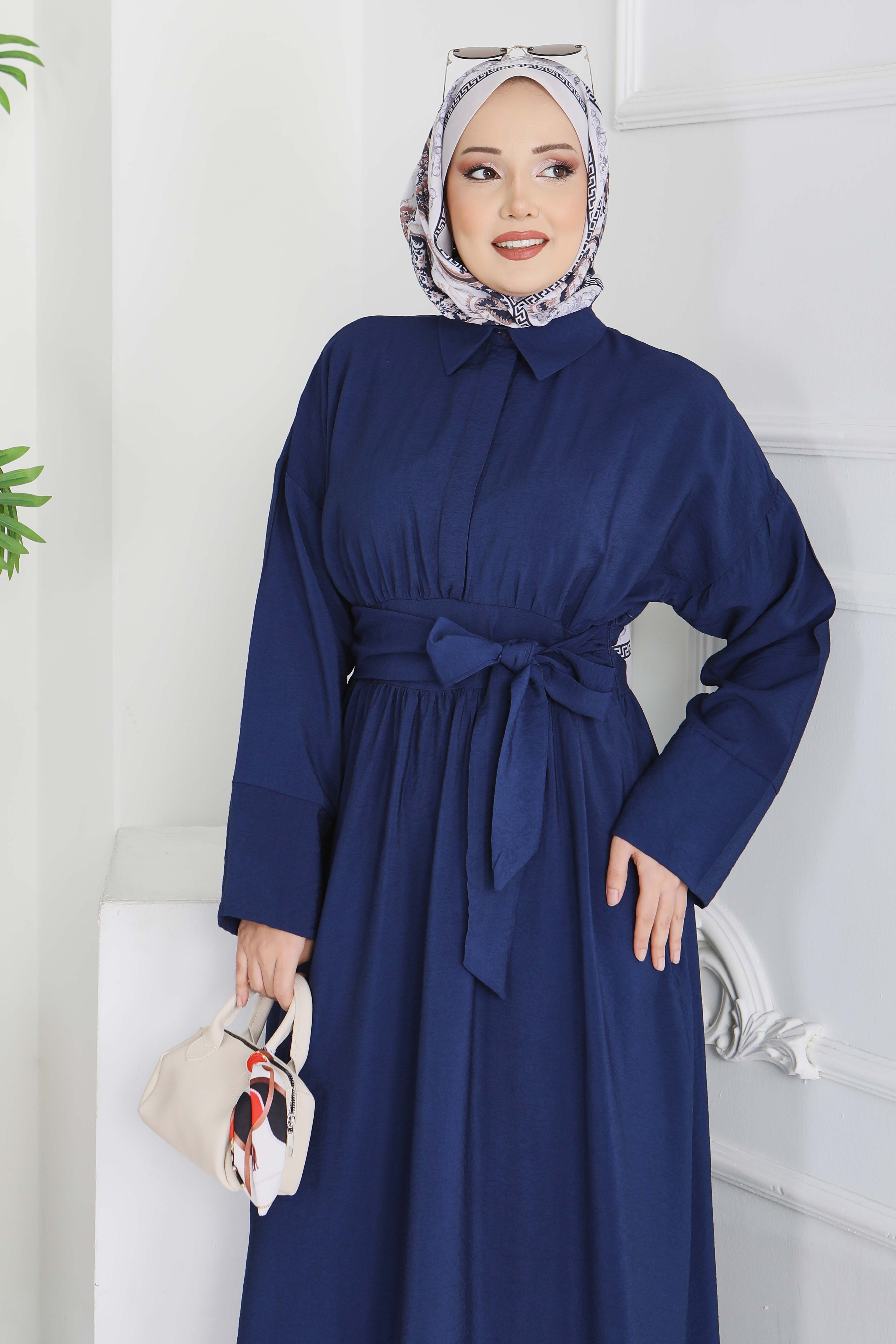 Bel Kuşaklı Gizli Düğmeli Elbise - 28224-LACIVERT - 4