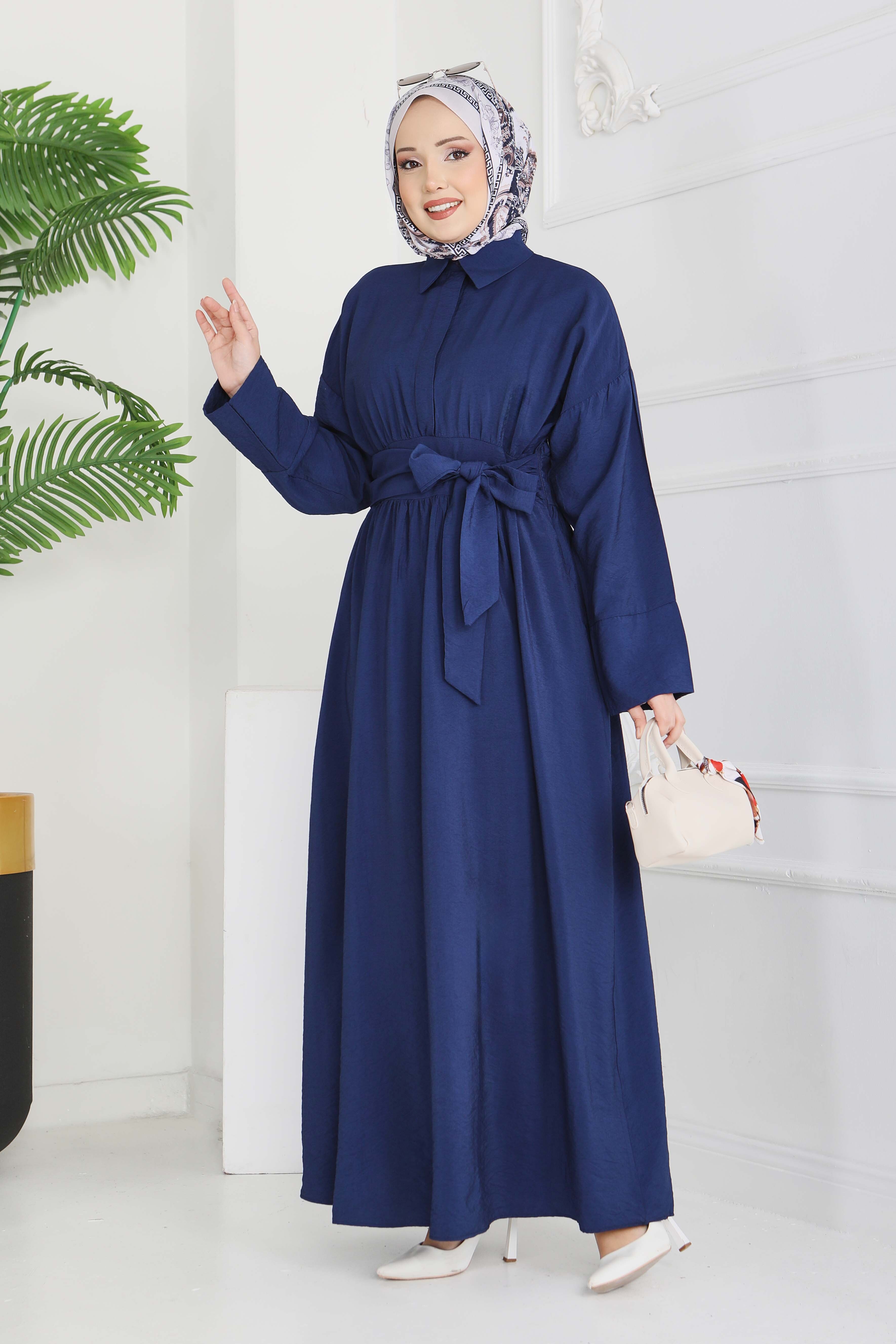 Bel Kuşaklı Gizli Düğmeli Elbise - 28224-LACIVERT - 5