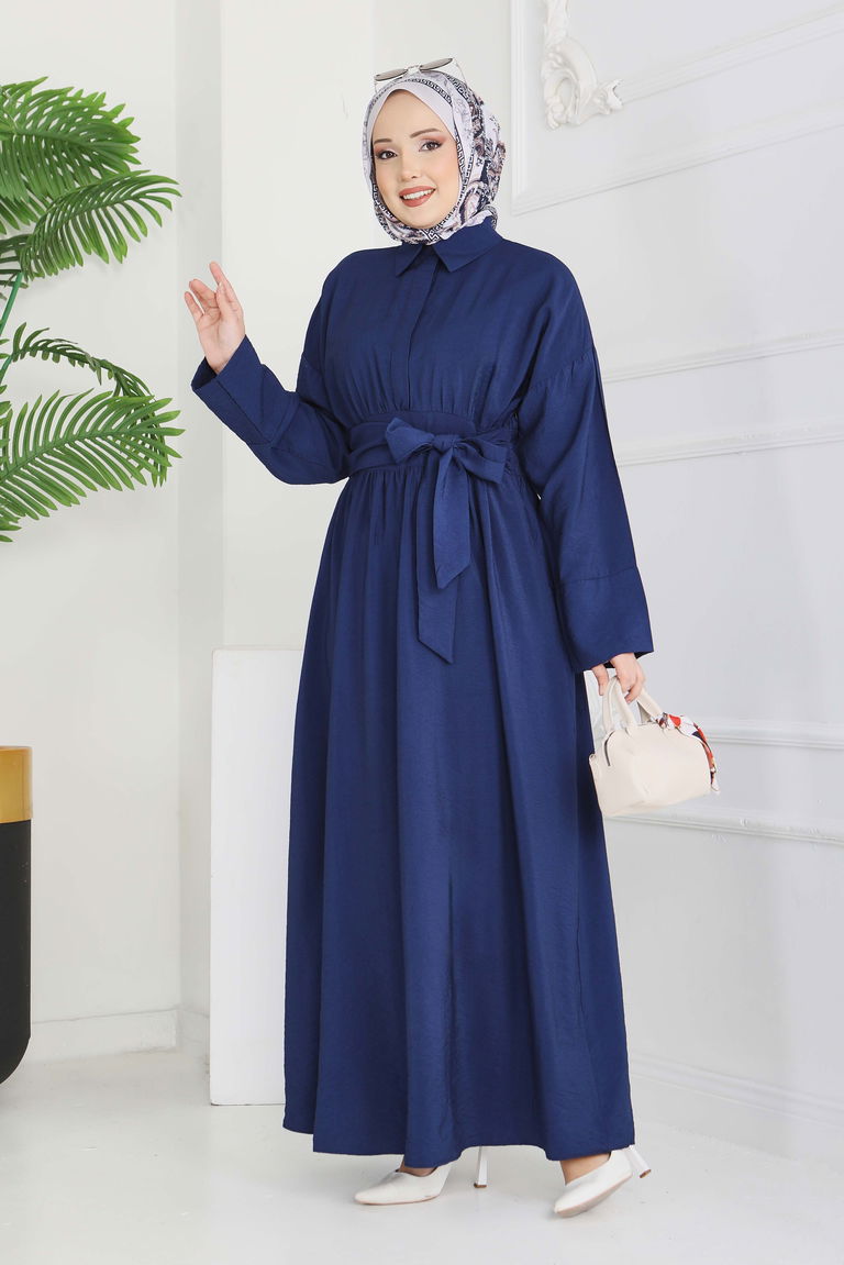 Bel Kuşaklı Gizli Düğmeli Elbise - 28224-LACIVERT - TOFİSA