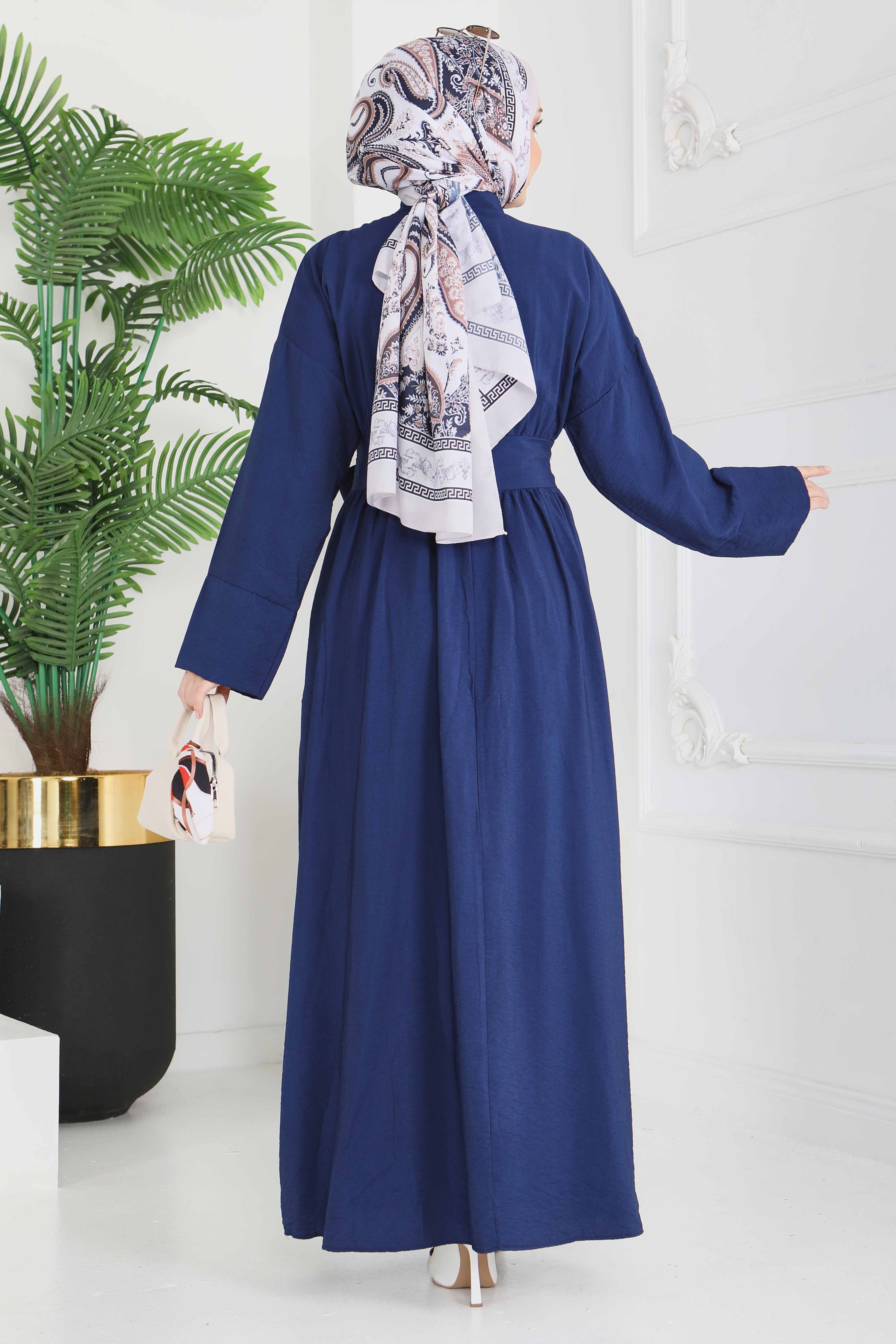 Bel Kuşaklı Gizli Düğmeli Elbise - 28224-LACIVERT - 6