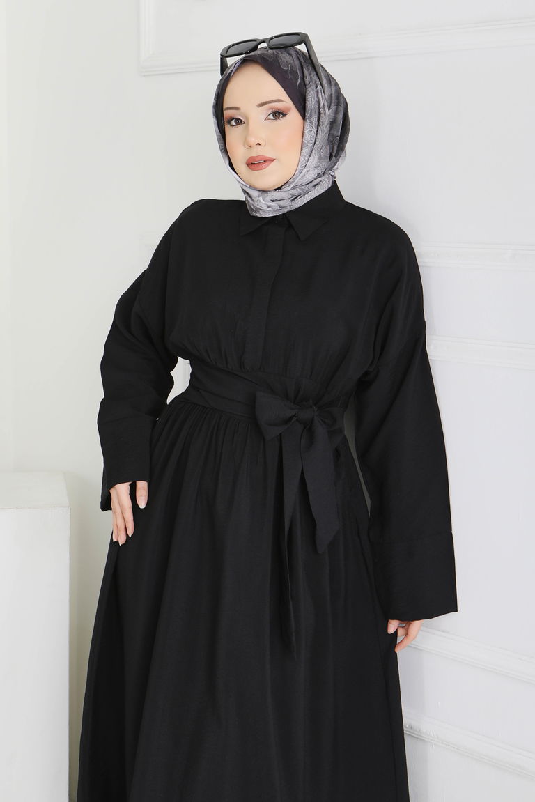 Bel Kuşaklı Gizli Düğmeli Elbise - 28224-SIYAH - TOFİSA