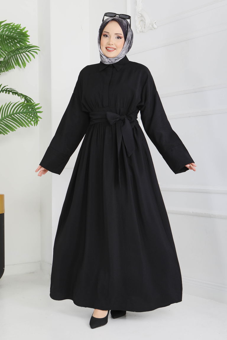 Bel Kuşaklı Gizli Düğmeli Elbise - 28224-SIYAH - TOFİSA