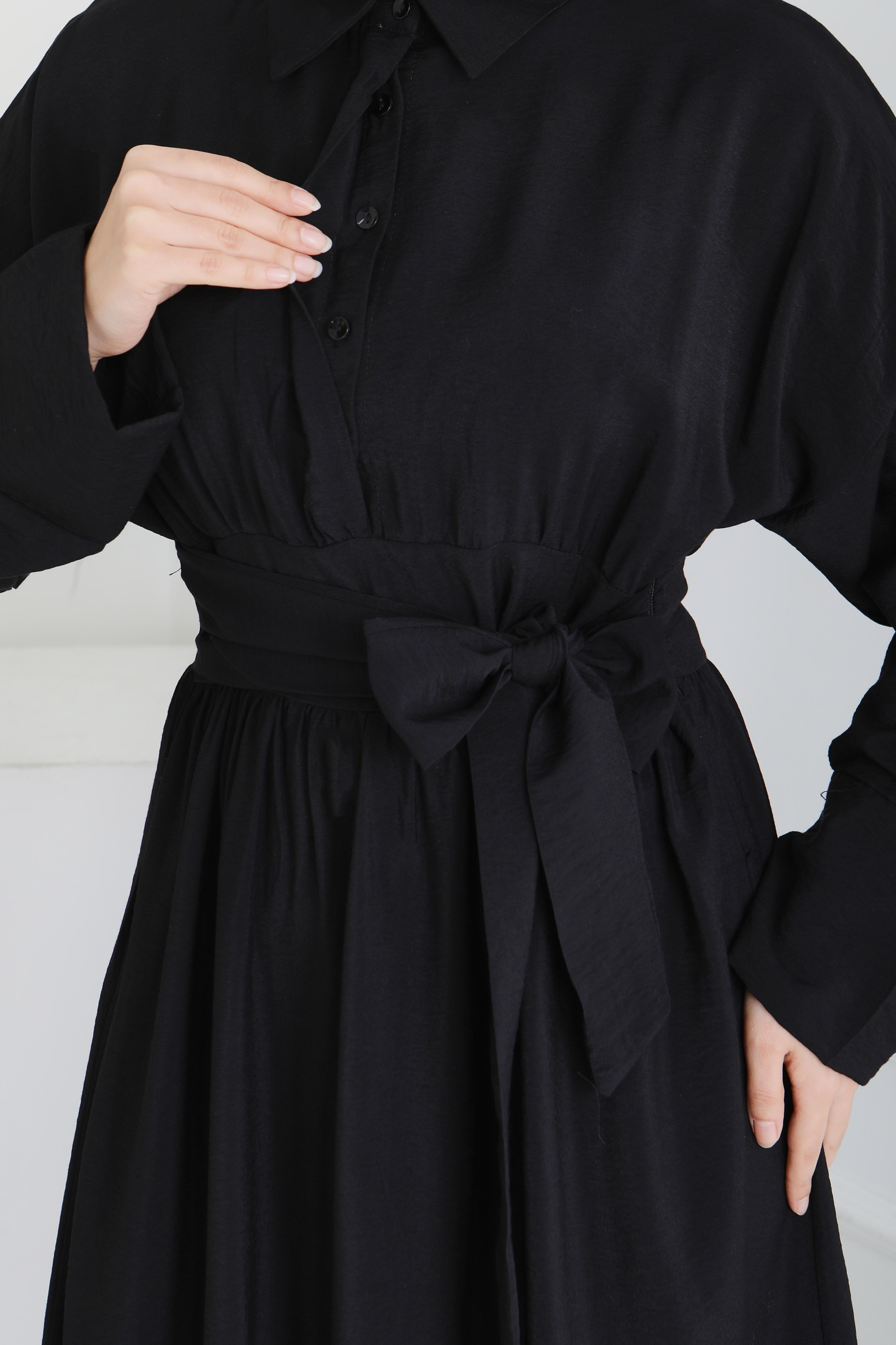 Bel Kuşaklı Gizli Düğmeli Elbise - 28224-SIYAH - 4