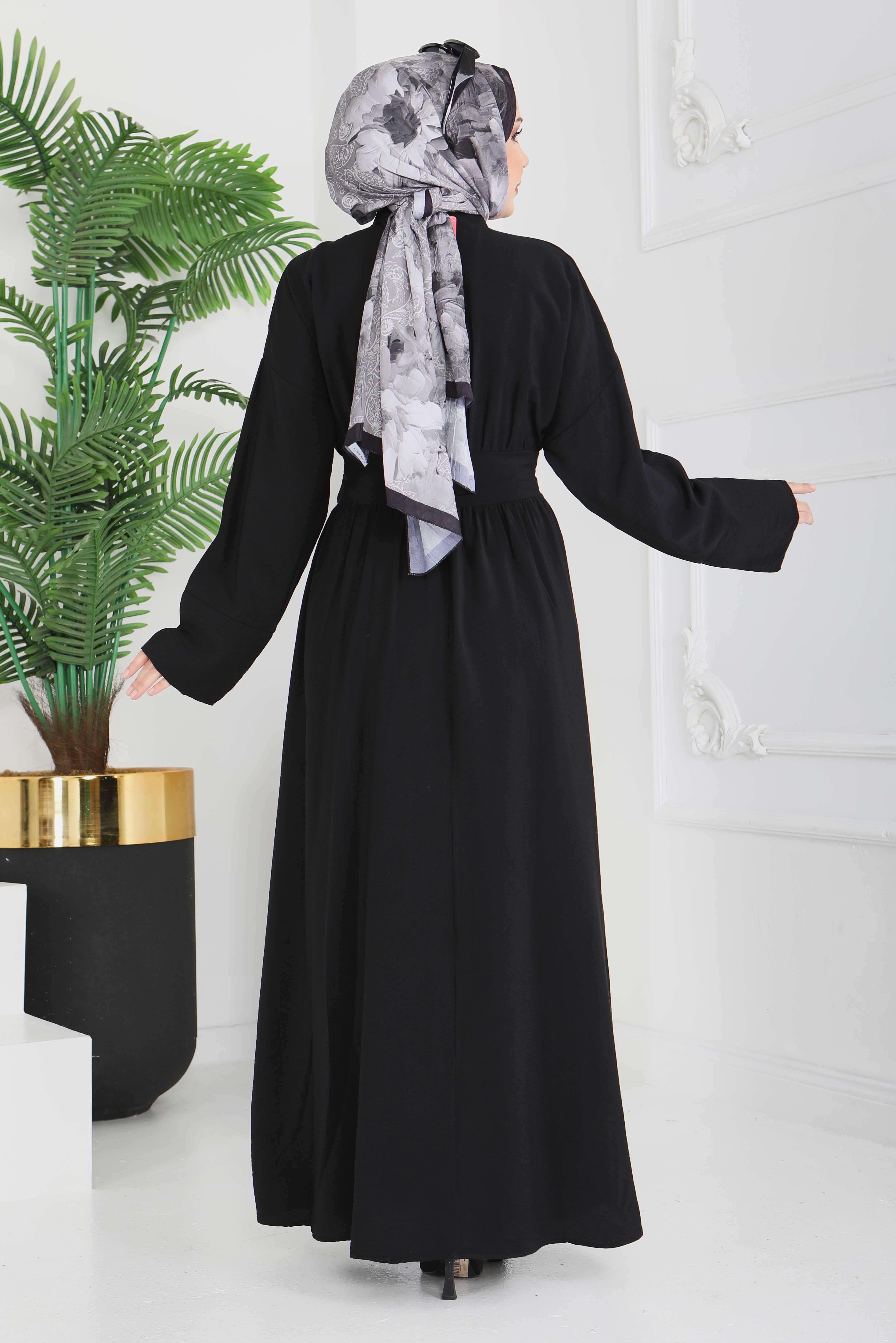 Bel Kuşaklı Gizli Düğmeli Elbise - 28224-SIYAH - 5