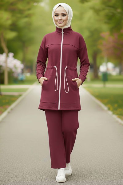 Belde Lastik Detaylı Fermuarlı Cepli Modal İkili Takım - 28044-BORDO 
