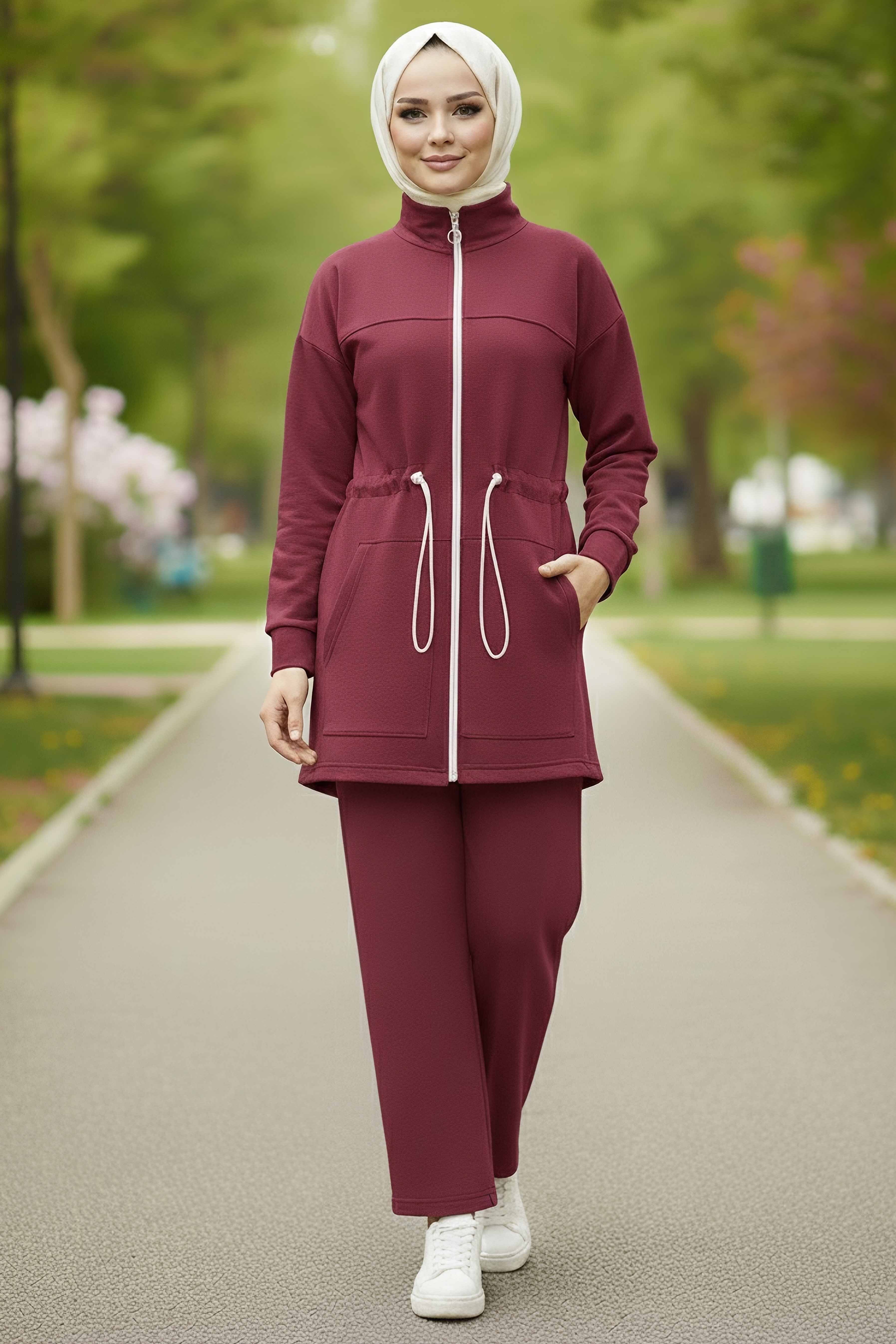 Belde Lastik Detaylı Fermuarlı Cepli Modal İkili Takım - 28044-BORDO - 2