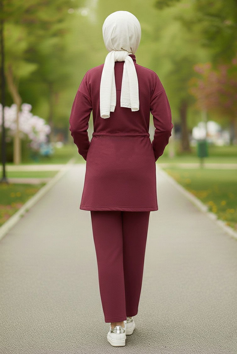 Belde Lastik Detaylı Fermuarlı Cepli Modal İkili Takım - 28044-BORDO - 3