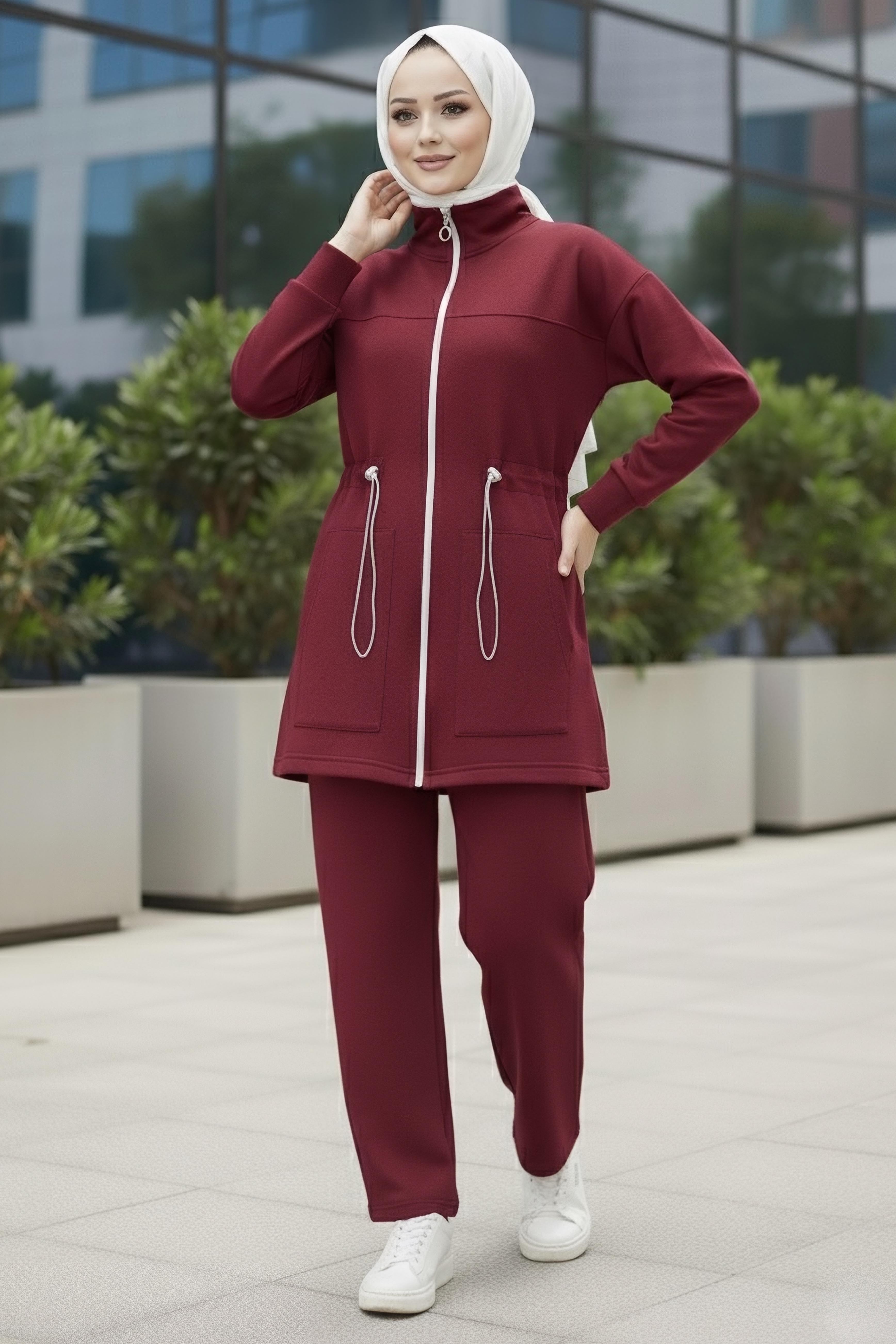 Belde Lastik Detaylı Fermuarlı Cepli Modal İkili Takım - 28044-BORDO - 2