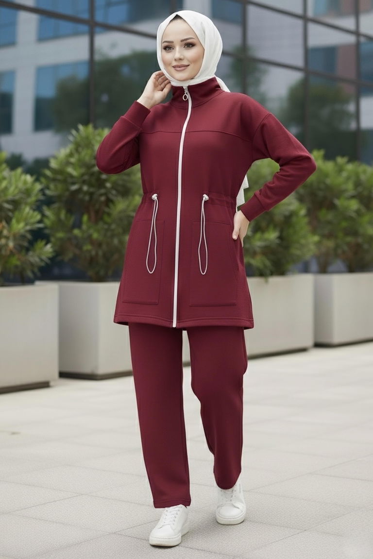 Belde Lastik Detaylı Fermuarlı Cepli Modal İkili Takım - 28044-BORDO - TOFİSA