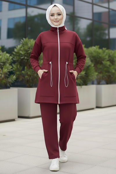 Belde Lastik Detaylı Fermuarlı Cepli Modal İkili Takım - 28044-BORDO 