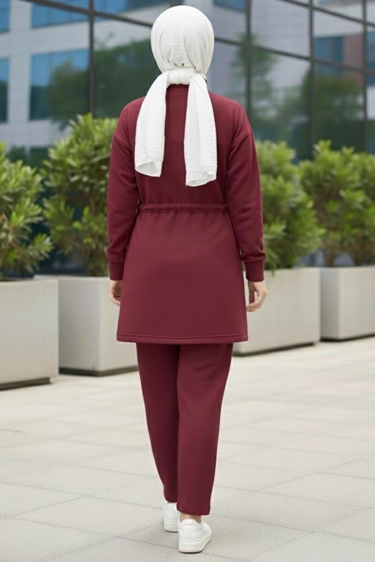 Belde Lastik Detaylı Fermuarlı Cepli Modal İkili Takım - 28044-BORDO - 3