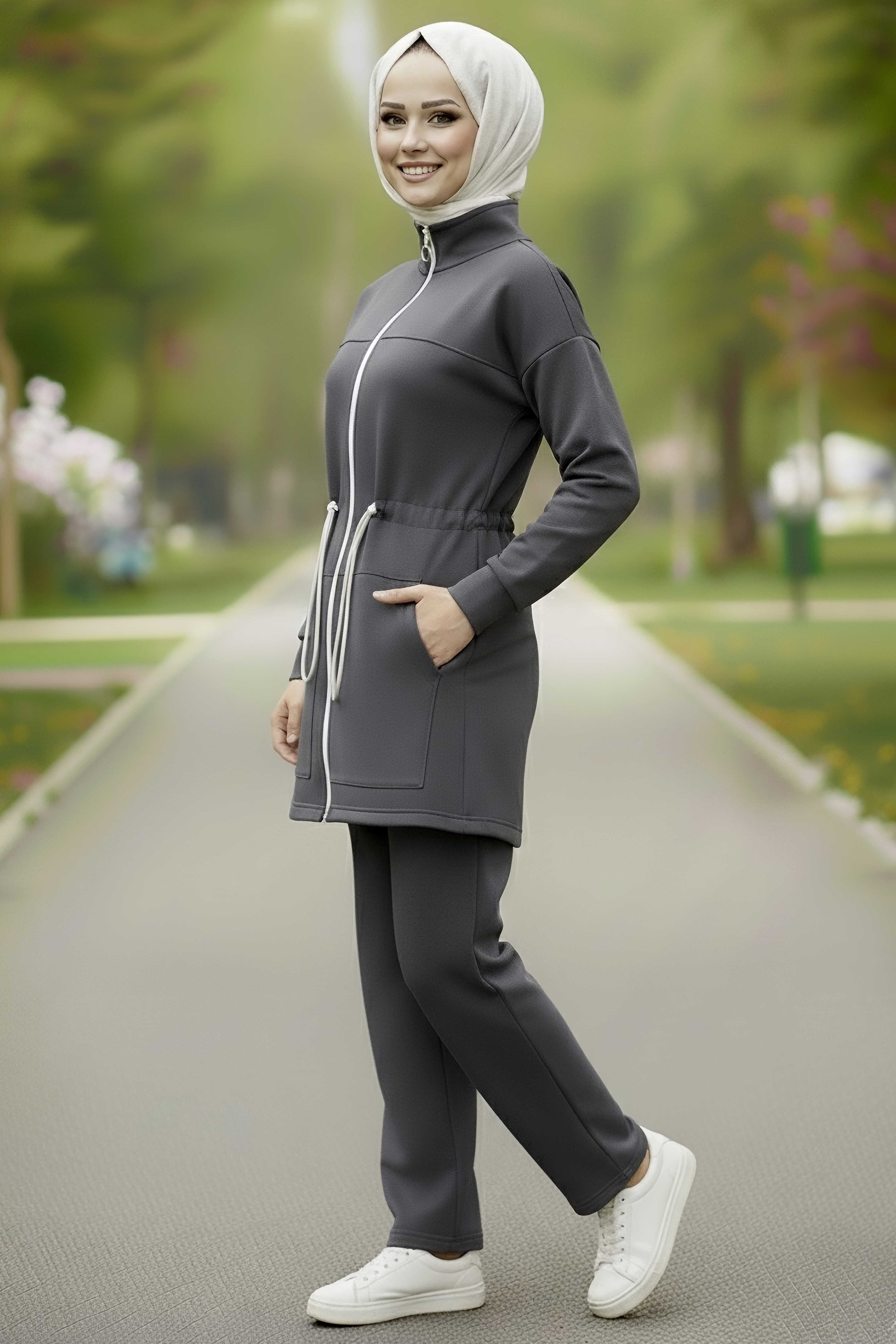 Belde Lastik Detaylı Fermuarlı Cepli Modal İkili Takım - 28044-FUME - 1