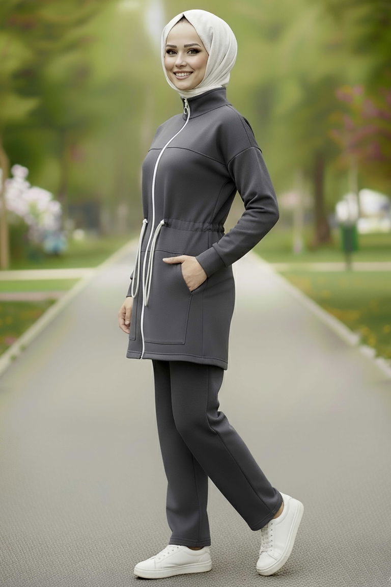 Belde Lastik Detaylı Fermuarlı Cepli Modal İkili Takım - 28044-FUME - TOFİSA