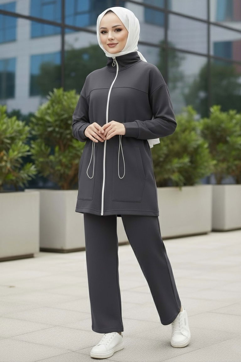 Belde Lastik Detaylı Fermuarlı Cepli Modal İkili Takım - 28044-FUME - TOFİSA