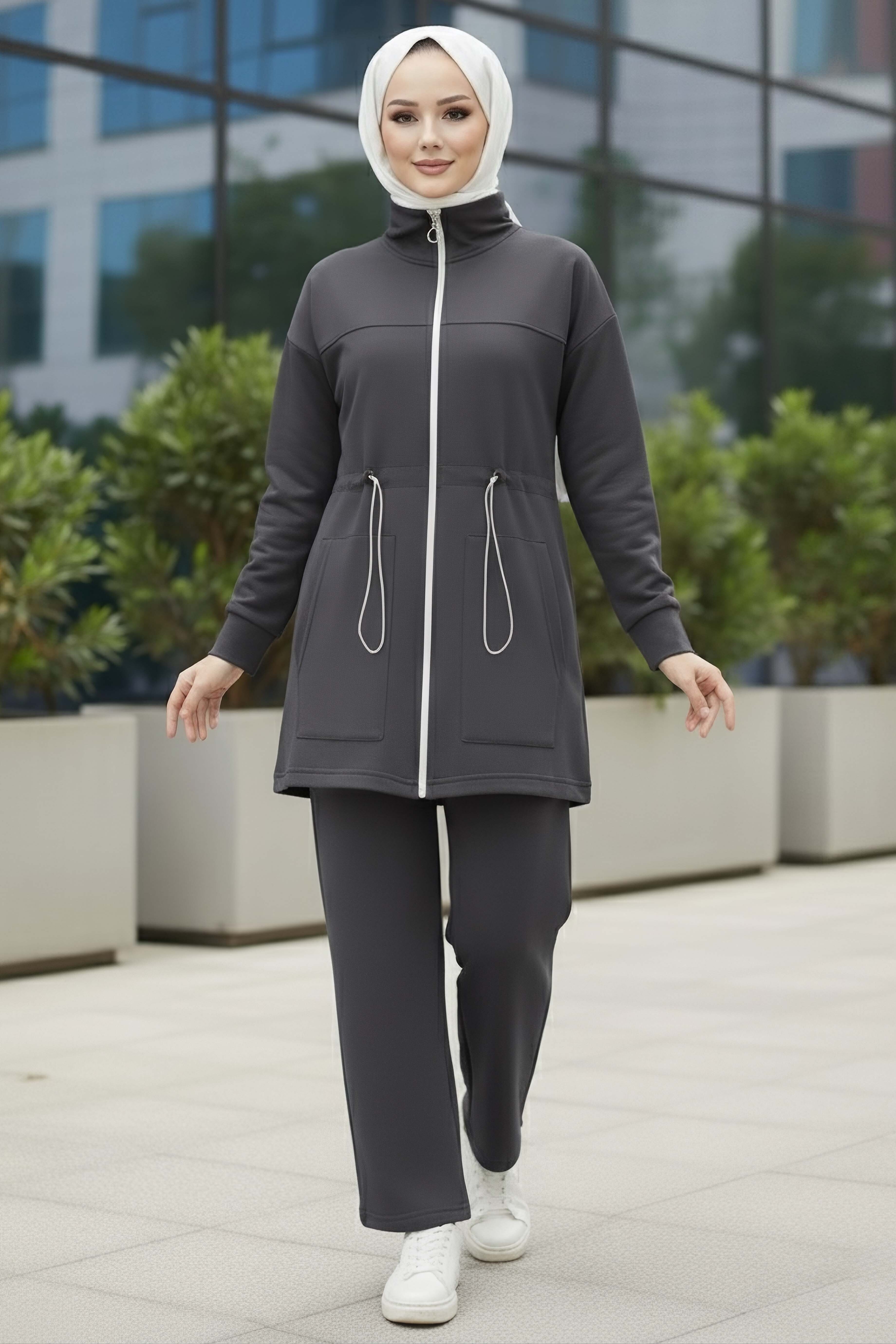 Belde Lastik Detaylı Fermuarlı Cepli Modal İkili Takım - 28044-FUME - 2