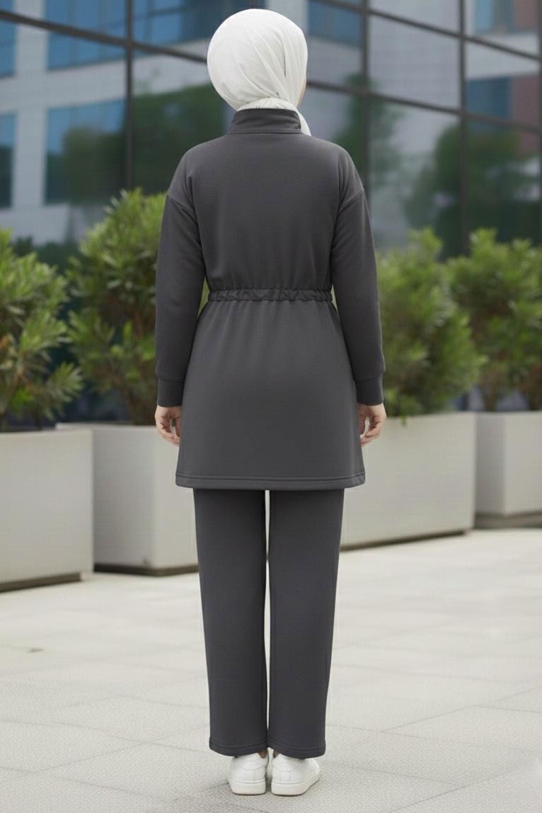 Belde Lastik Detaylı Fermuarlı Cepli Modal İkili Takım - 28044-FUME - 3