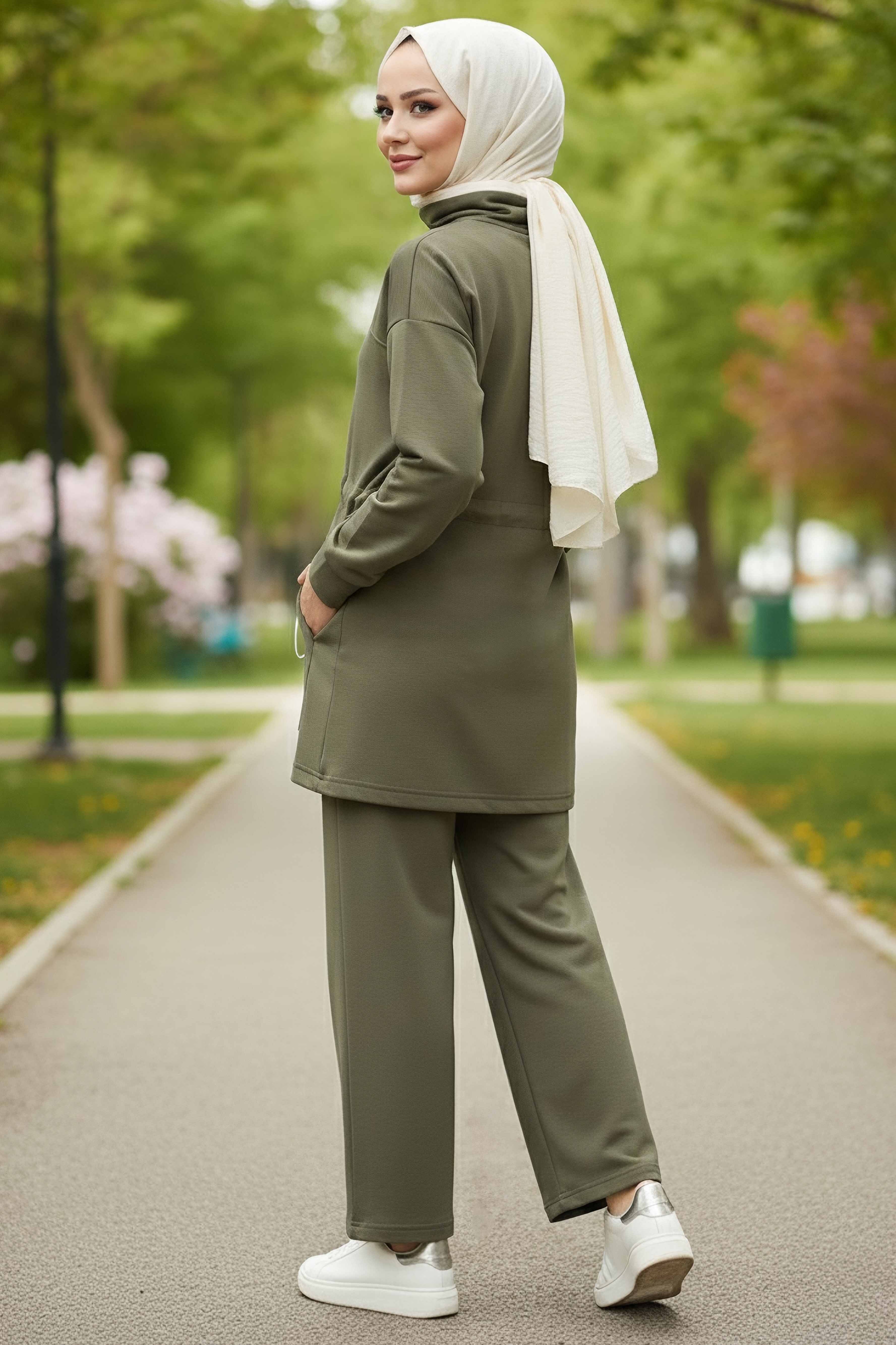 Belde Lastik Detaylı Fermuarlı Cepli Modal İkili Takım - 28044-HAKI - 3