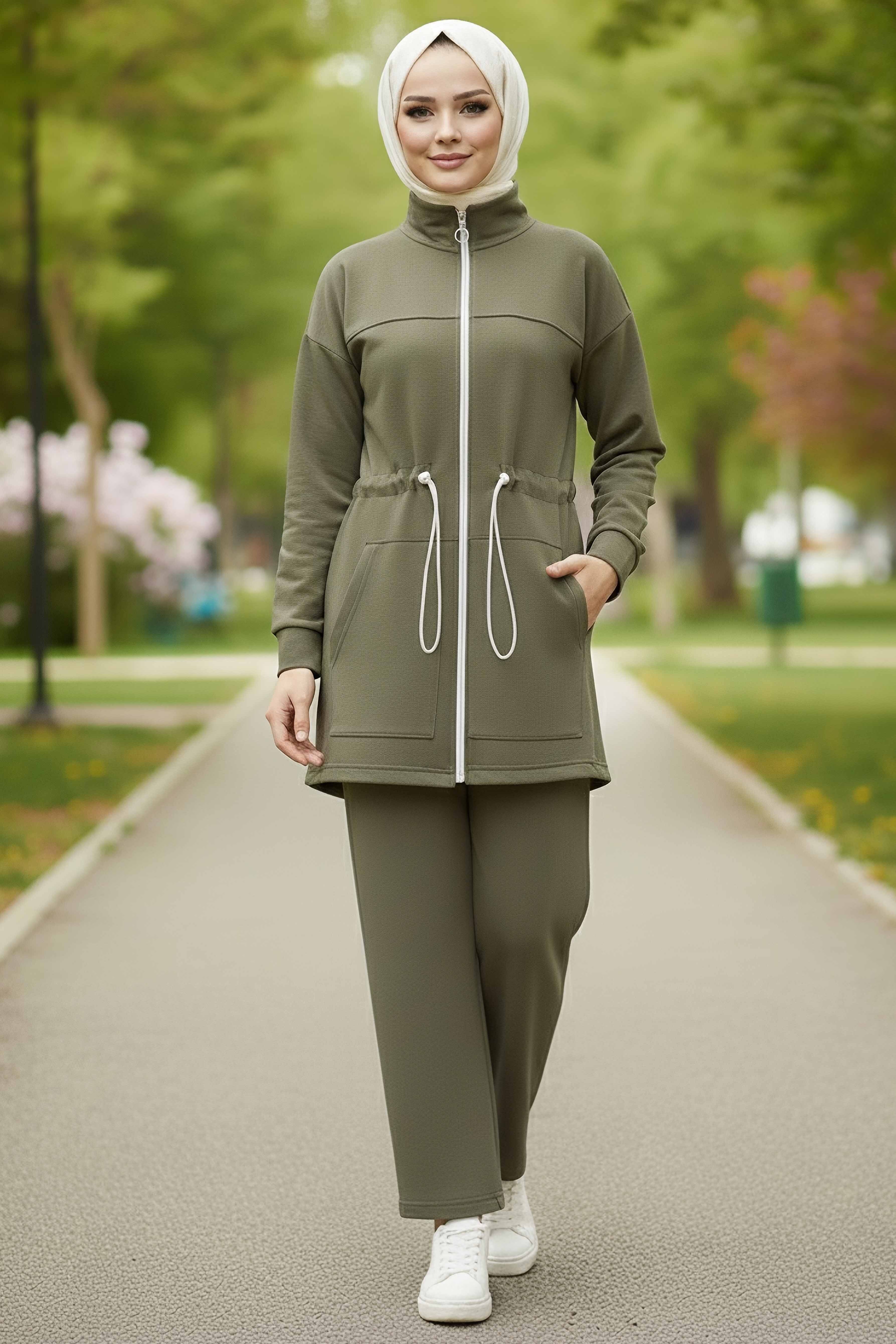 Belde Lastik Detaylı Fermuarlı Cepli Modal İkili Takım - 28044-HAKI - 1