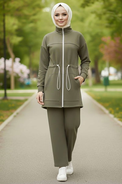 Belde Lastik Detaylı Fermuarlı Cepli Modal İkili Takım - 28044-HAKI 