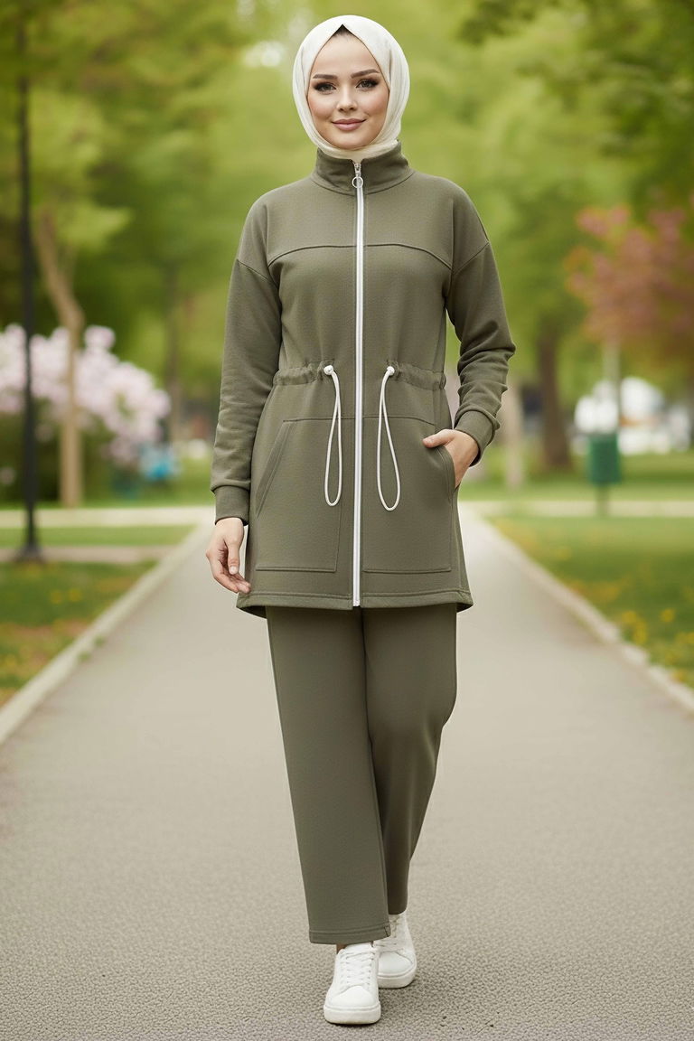 Belde Lastik Detaylı Fermuarlı Cepli Modal İkili Takım - 28044-HAKI - TOFİSA