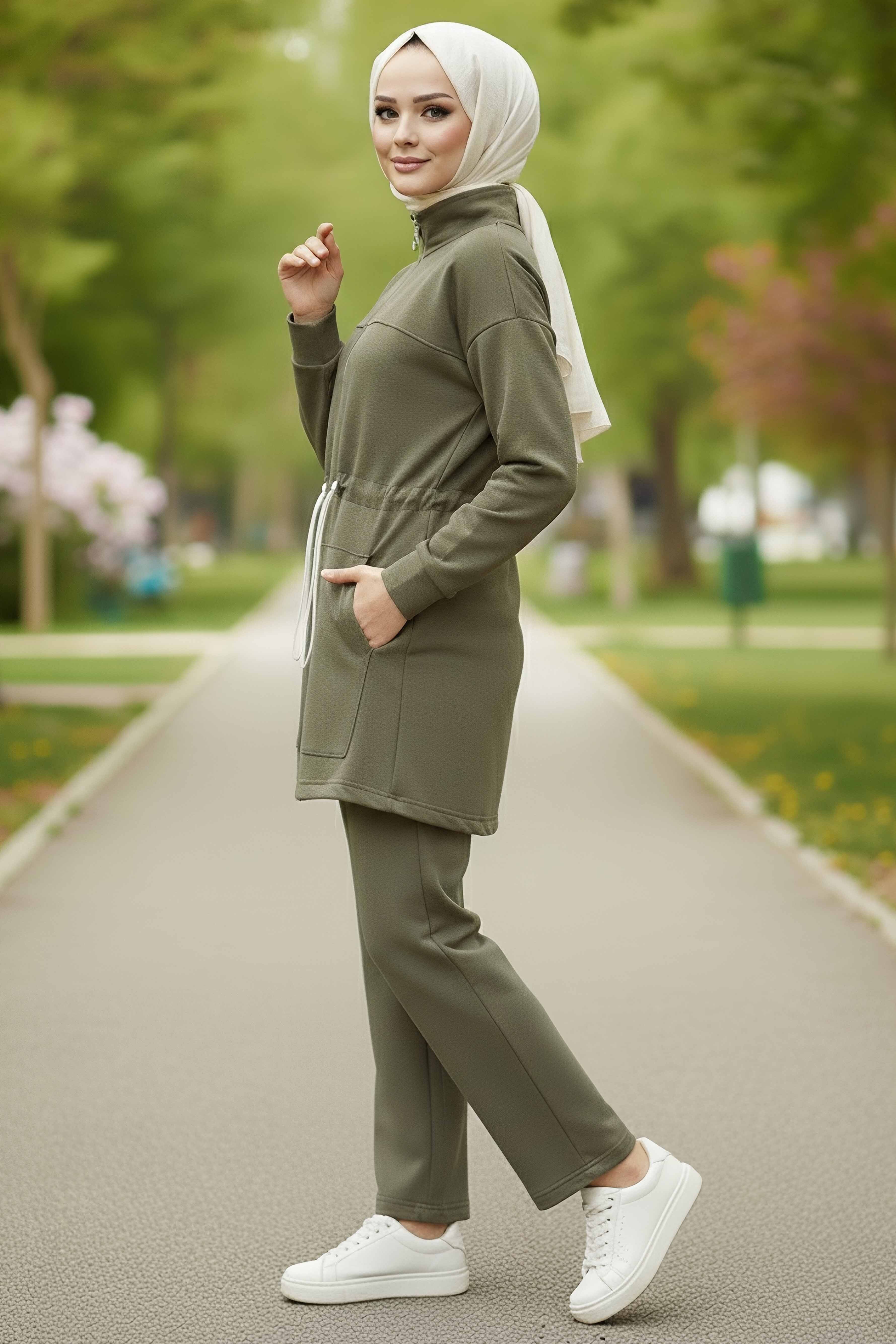 Belde Lastik Detaylı Fermuarlı Cepli Modal İkili Takım - 28044-HAKI - 2