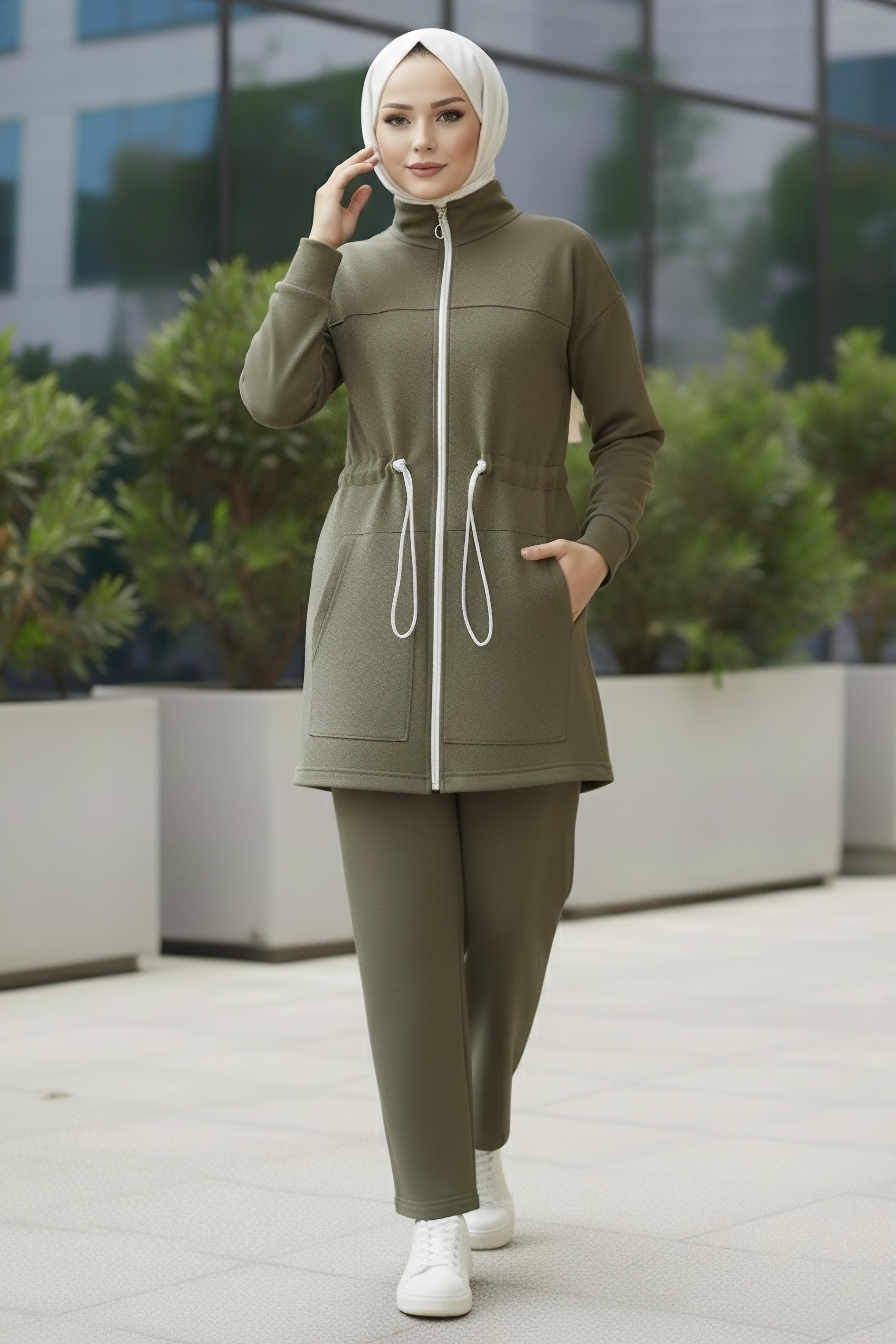 Belde Lastik Detaylı Fermuarlı Cepli Modal İkili Takım - 28044-HAKI - 2