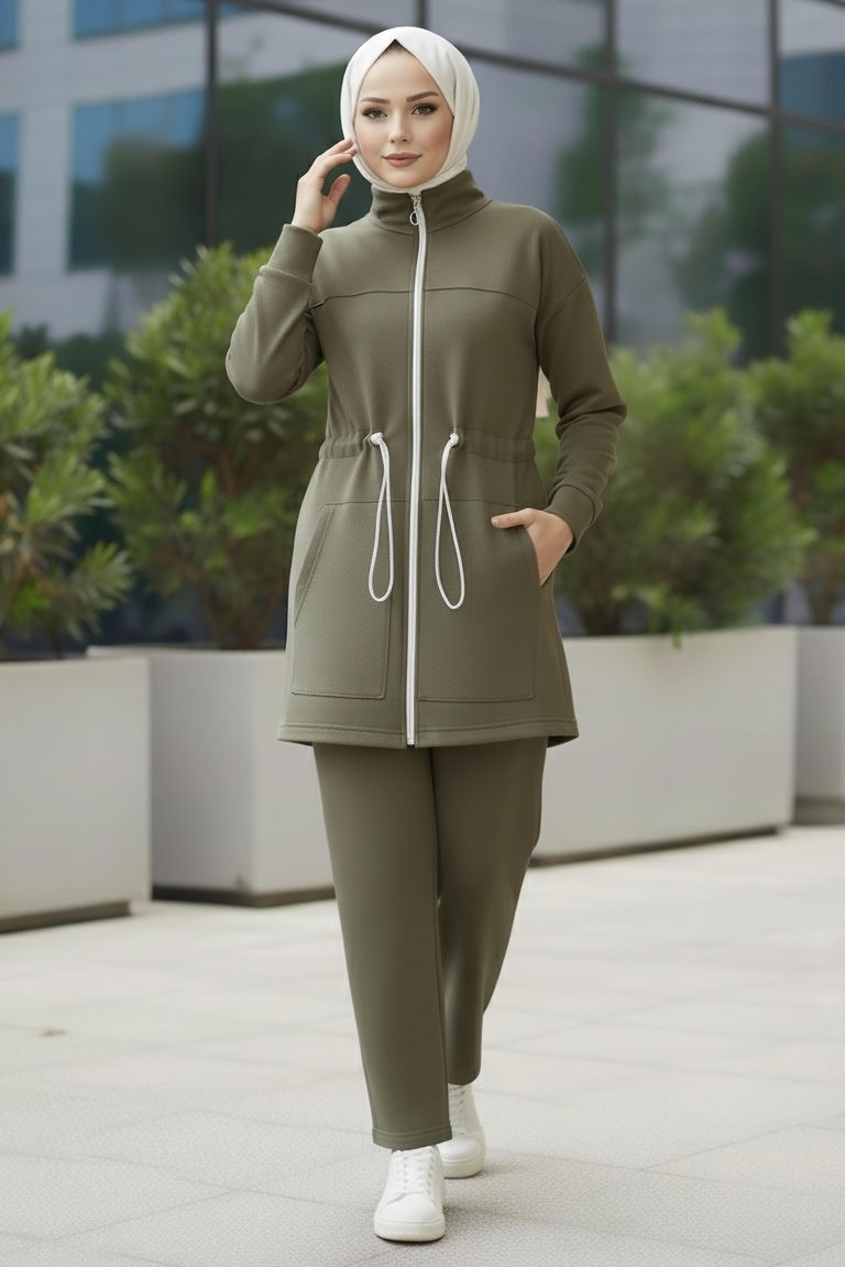 Belde Lastik Detaylı Fermuarlı Cepli Modal İkili Takım - 28044-HAKI - TOFİSA