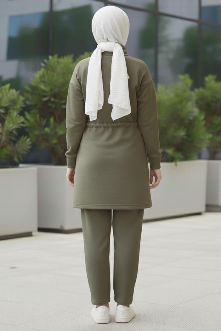 Belde Lastik Detaylı Fermuarlı Cepli Modal İkili Takım - 28044-HAKI - 3