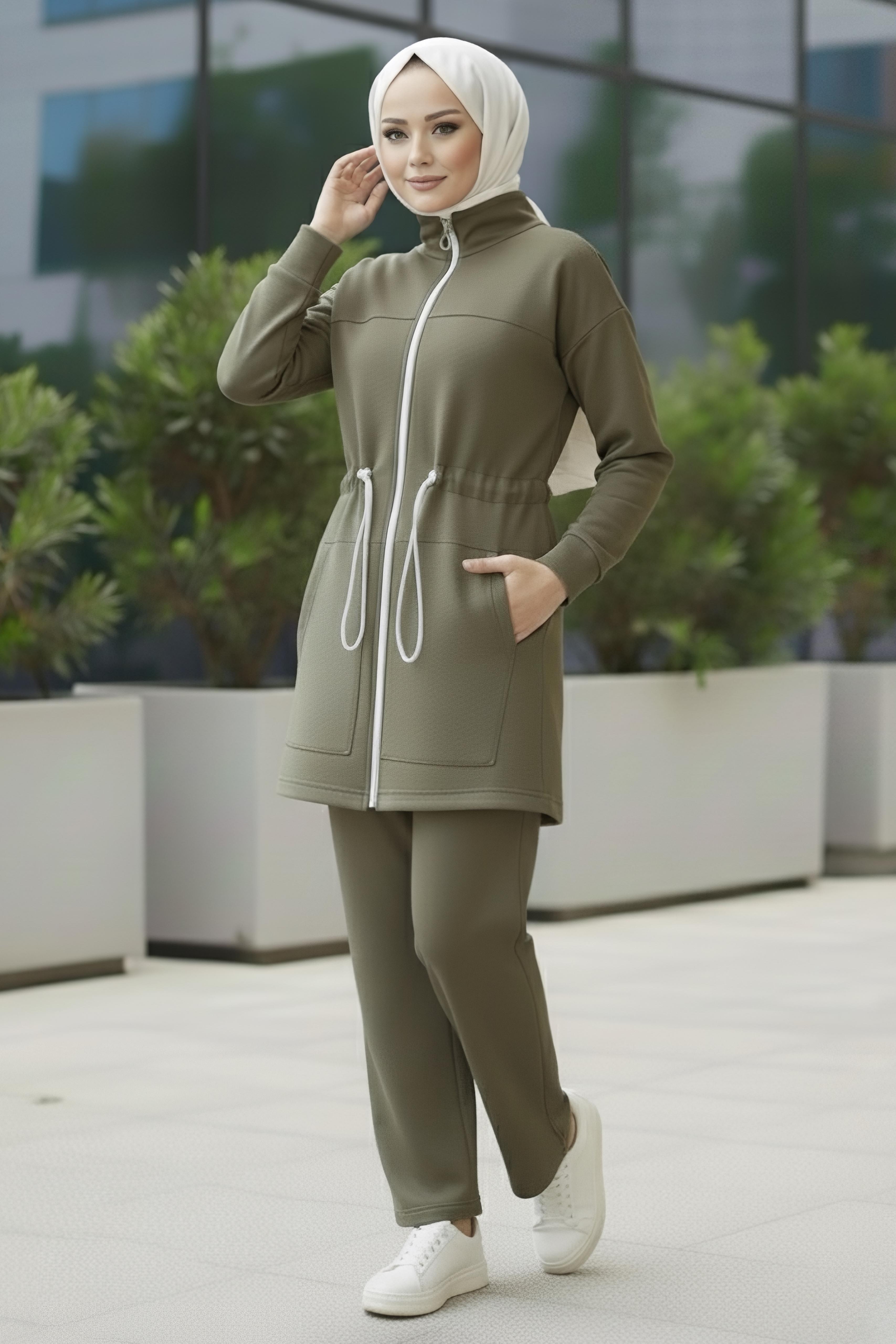 Belde Lastik Detaylı Fermuarlı Cepli Modal İkili Takım - 28044-HAKI - 1