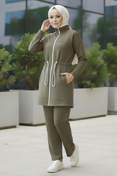 Belde Lastik Detaylı Fermuarlı Cepli Modal İkili Takım - 28044-HAKI 