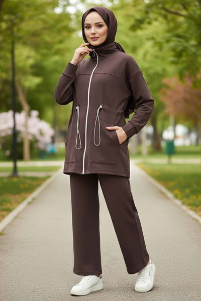 Belde Lastik Detaylı Fermuarlı Cepli Modal İkili Takım - 28044-KAHVE 